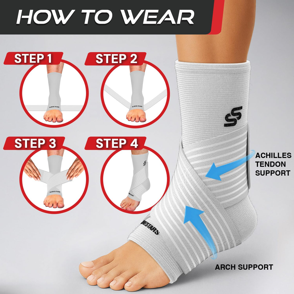Sleeve Stars Ankle Brace for Women & Men, Ankle Wrap for Sprained Ankle, Compression Sleeve for Plantar Fasciitis Relief, Easy Customizable Support: w/Removable Strap (Single/L:12"-13"/White)