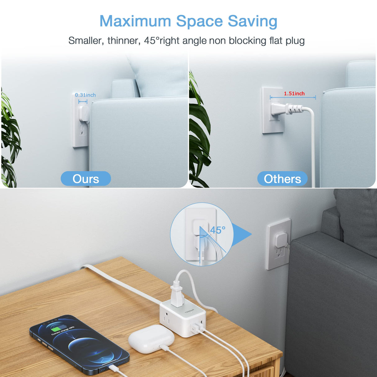 TESSAN Small Flat Plug Power Strip, Ultra Thin Extension Cord 5 ft, 3 AC Outlets with 3 USB Ports (1 USB C), Multiple Wall Outlet Extender for Cruise Travel Office School Dorm Room Essentials