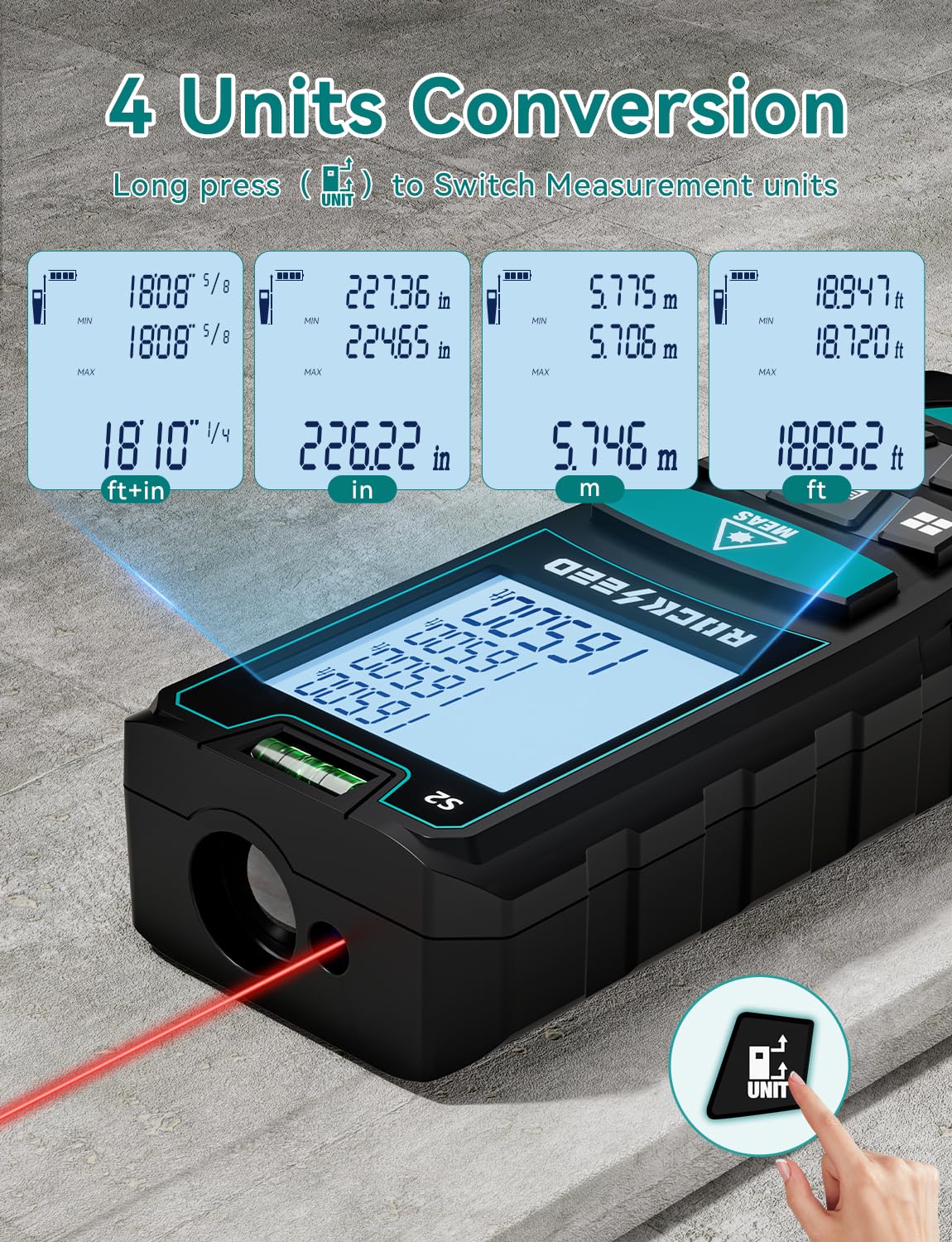 Laser Measure 50M/165ft,RockSeed Digital Laser Distance Meter with 2 Bubble Levels,Portable M/in/Ft Unit Switching Backlit LCD and Measuring Distance/Area/Volume/Pythagorean