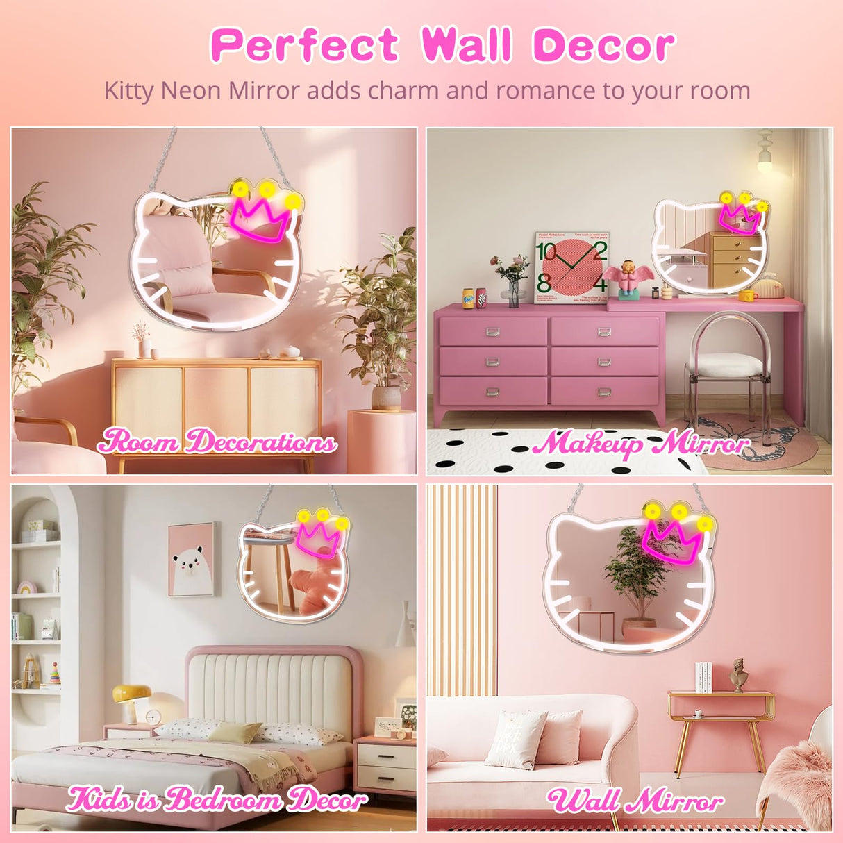 Anime Vanity Mirror with Neon Sign, 15.3 x 13.3 Inch USB Powered Makeup LED Mirror with Adjustable Brightness, Anime Style Room Wall Decor for Girls Teen Bedroom Women Children Gift Birthday Christmas