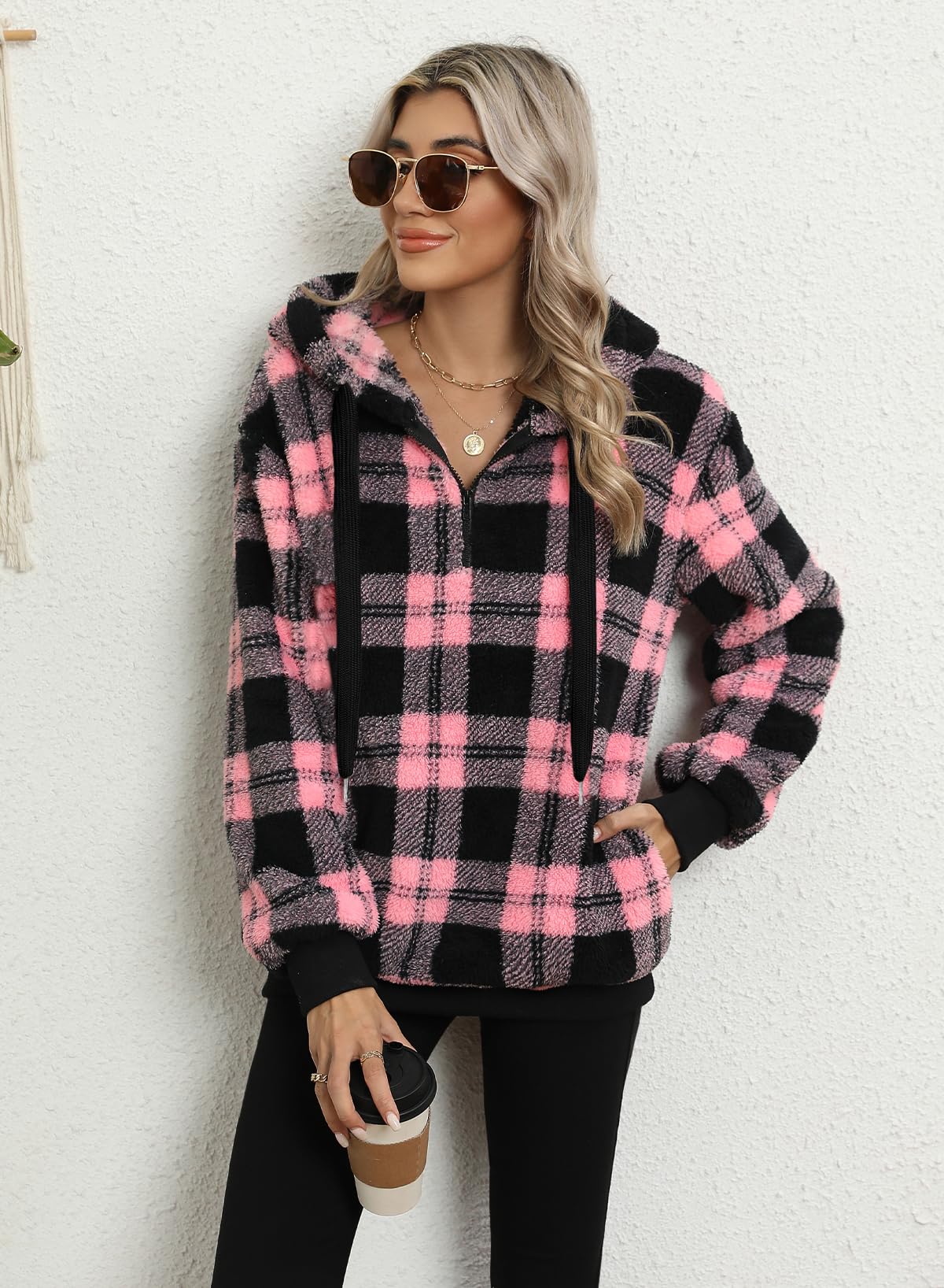 Nirovien Womens Sherpa Hoodie Fuzzy Sweatshirt Fleece Jacket Christmas Sweatshirt Pink Plaid Fluffy Sweaters(Plaid Pink Black,L)