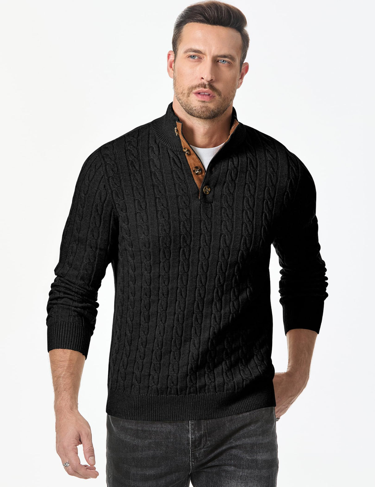 JMIERR Men's Cable Knit Slim Fit Casual Long Sleeve Essentials Soft Touch Button Stand Collar Wool Christmas Sweaters, M, Black
