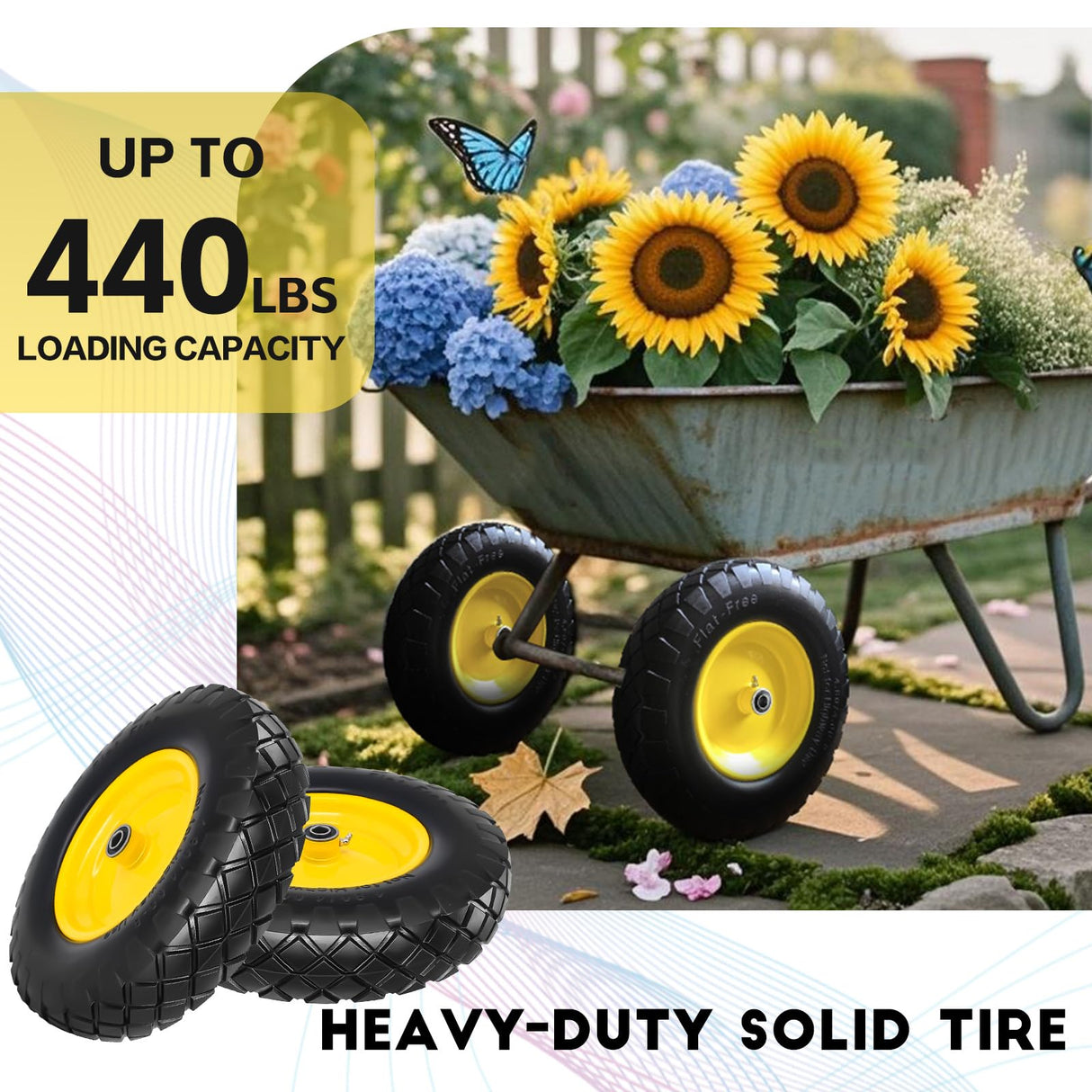 4.80/4.00-8 Solid Wheelbarrow Tire and Wheel 16" Flat-Free Tire with 3" Centered Hub 5/8" & 3/4" Bearings Fits Garden Cart, Hand Truck, Wagon,Trolleys and Trailers