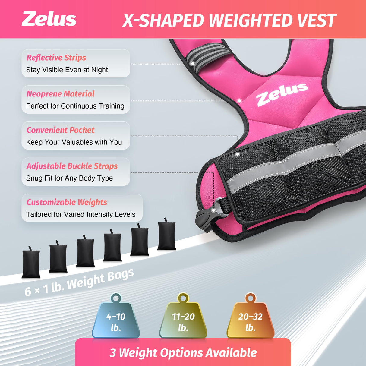 ZELUS Weighted Vest for Men and Women, Adjustable Body Weight Vest Exercise Set for Workouts, 4-10lb/11-20lb/20-32lb with 6 Ironsand Weights for Cardio Strength Training Walking Jogging, 4-10lb. Pink