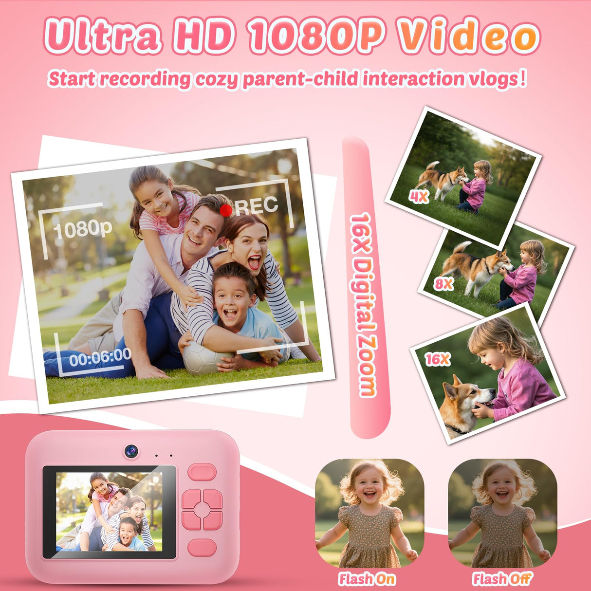 Instant Print Camera for Kids, App Printing, 1080P Video, Dual-Lens Selfie Digital Camera with 32G SD, Christmas Birthday Gifts for Girls Boys 4 5 6 7 8 9 10 11 12 Year Old, Portable Toddler Toy