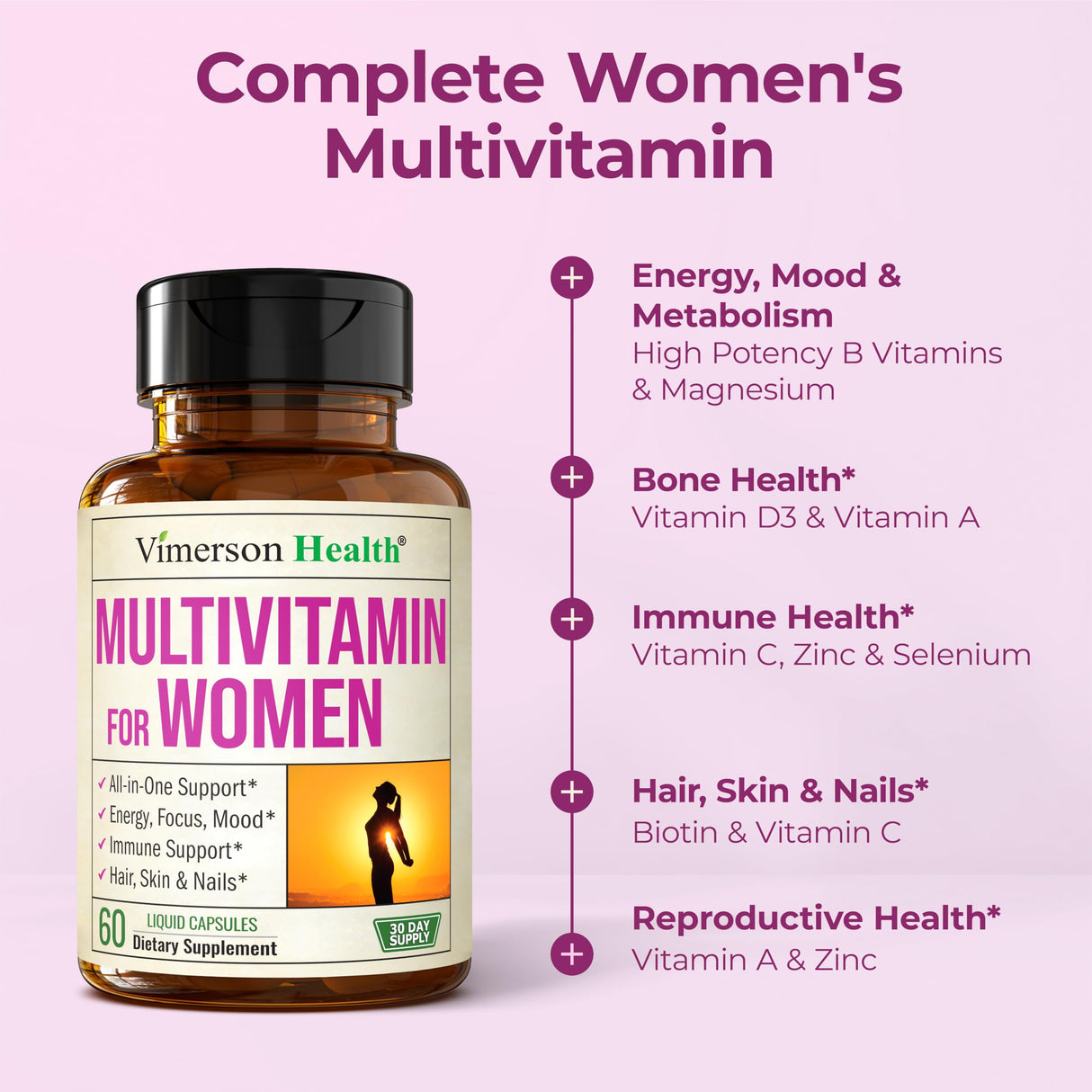Multivitamin for Women – Essential Womens Multivitamins & Multiminerals 60 Liquid Capsules with Vitamin B12, A, D, C, Zinc, Magnesium & More for Total Wellness – 29 Key Nutrients & Vitamins for Women