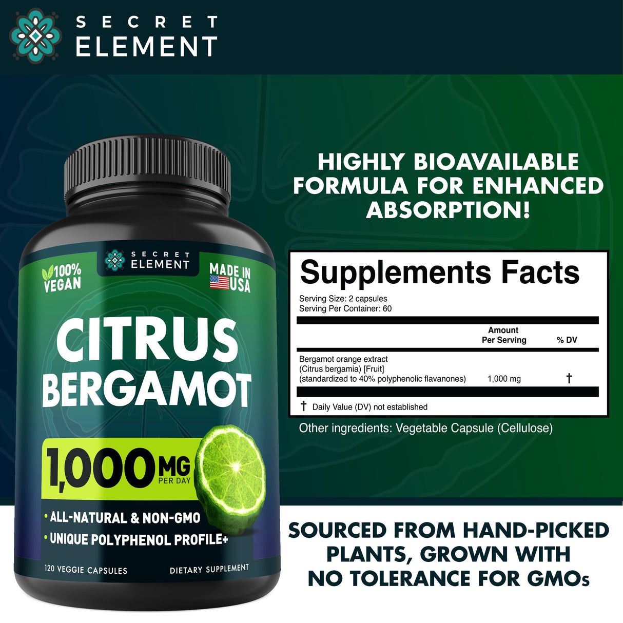 3 Pack Citrus Bergamot Extract 1000mg, Supplement for Heart, Immune System Support, and Healthy Aging - Pure 360 Vegan Capsules