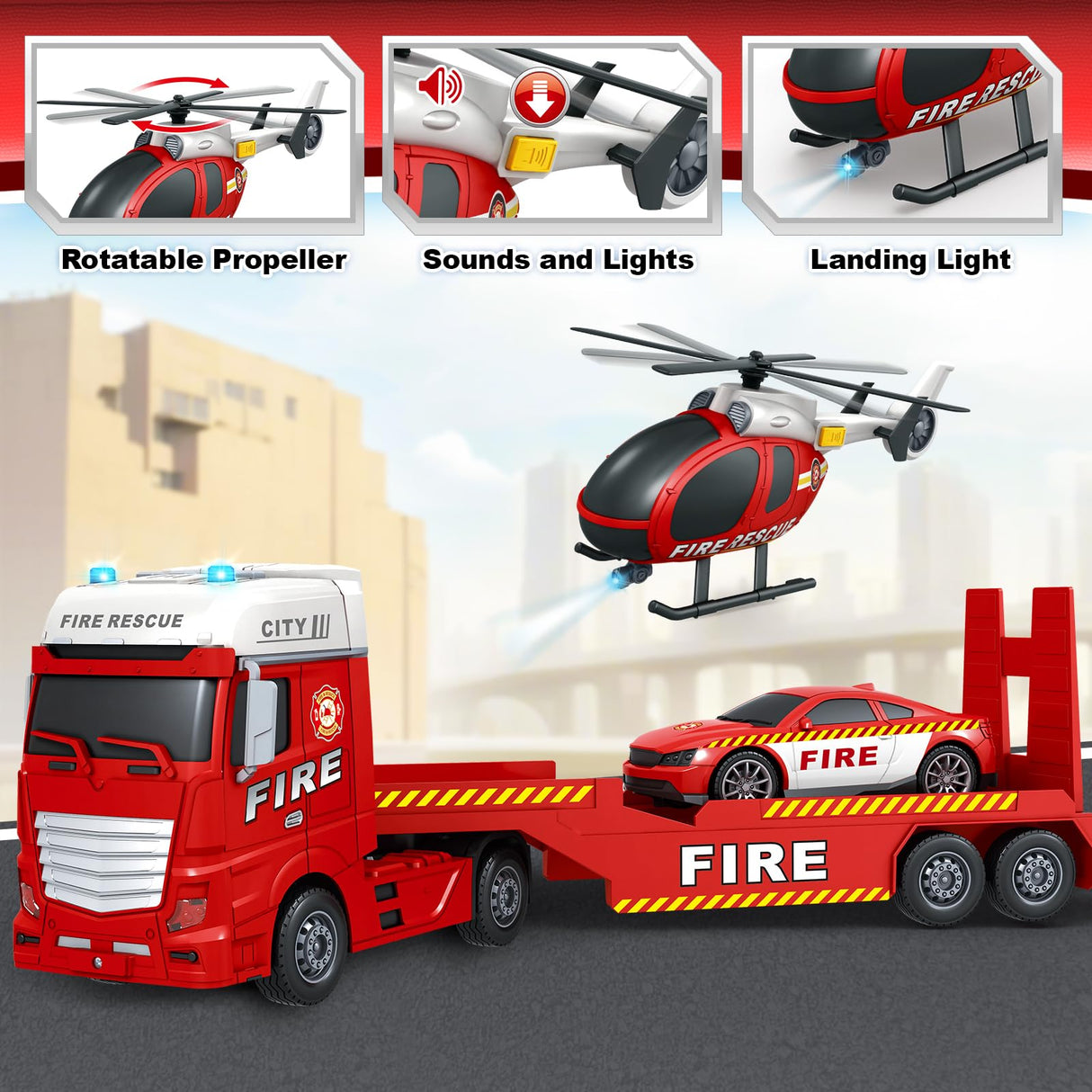Kids Toys for 3 4 5 6 7 8 Years Old Boys, 25" Fire Truck Toy with Racing Car and Helicopter, Toddler Friction Powered Truck Vehicle Toy with Lights, Sounds for Boys Girls Christmas Birthday Gifts