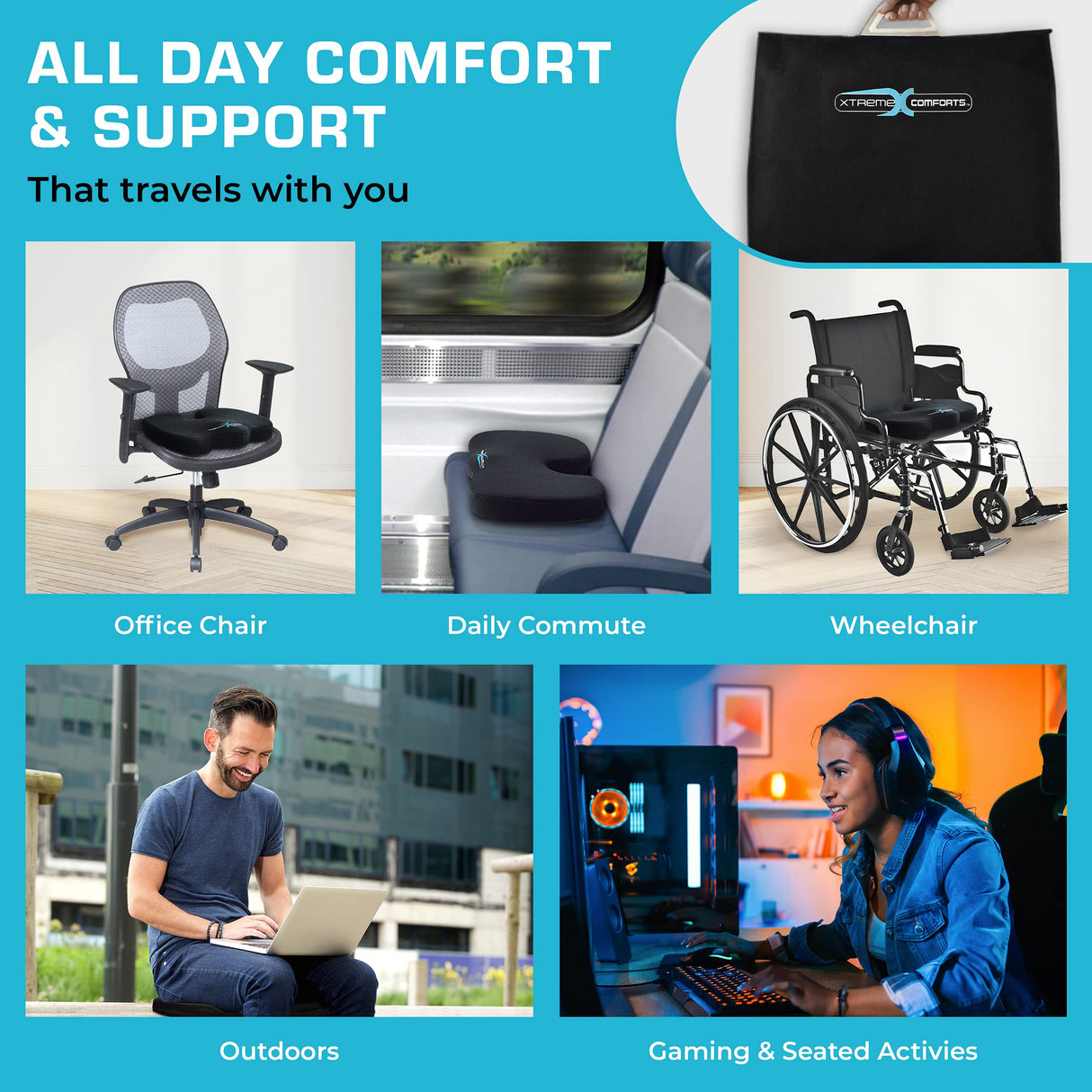 Xtreme Comforts Seat Cushion, Office Chair Cushions - Pack of 1 Padded Foam Cushion w/Handle for Desk, Wheelchair & Car Use - Back Support Pillow for Chair - Travel Bag Included