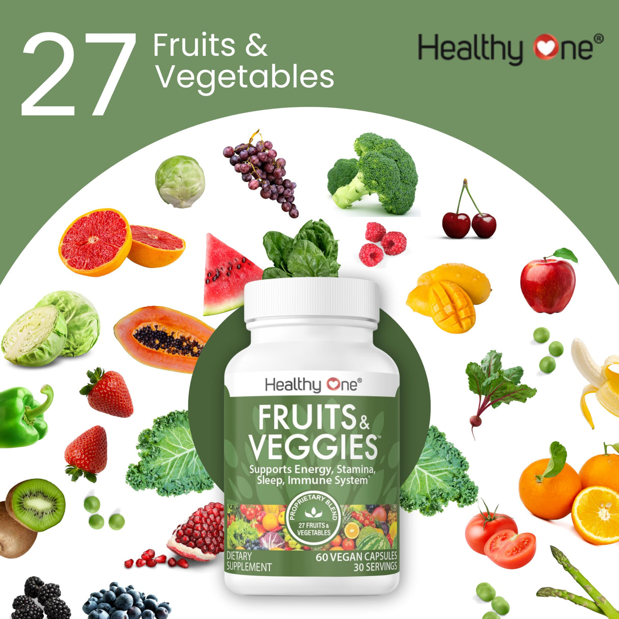 Healthy One Fruits & Veggies - 27 Balanced Whole Foods of Nature - Vitamins - Minerals - Antioxidants - Detox - Vegetables - Kale - Broccoli - Spinach - Beets - Raspberries - Multivitamin - 60 Count