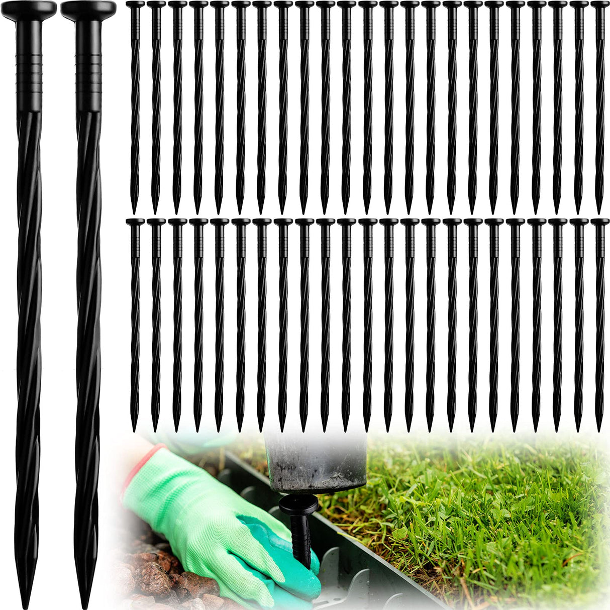 Honoson 200 Pack Landscaping Spikes Anchoring Spike Plastic Ground Stake for Lawn, Weed Barriers, Turf, Paver Edging, House Construction (8 Inch)