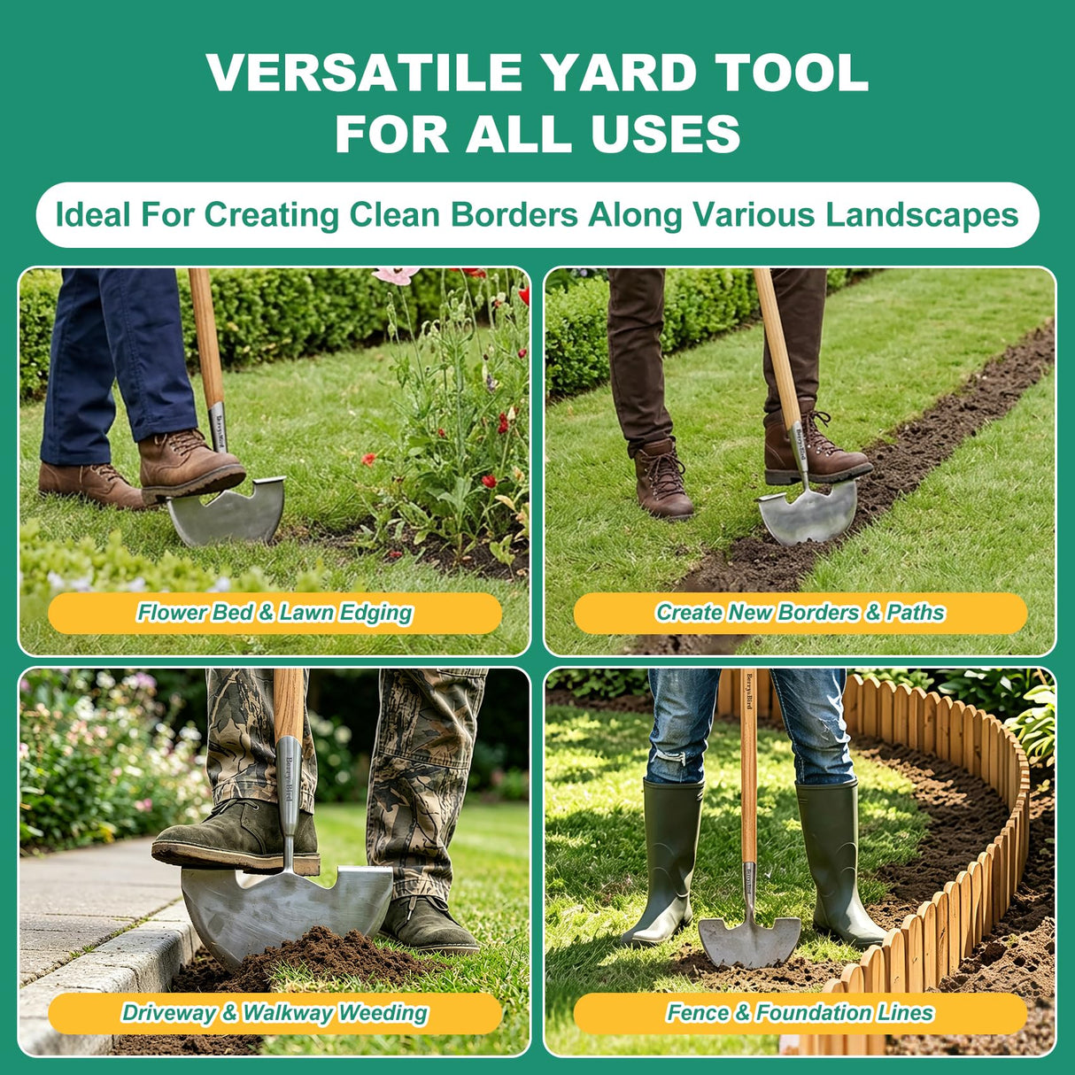 Berry&Bird Manual Lawn Edger Tool, 39’’ Stainless Steel Half Moon Edger