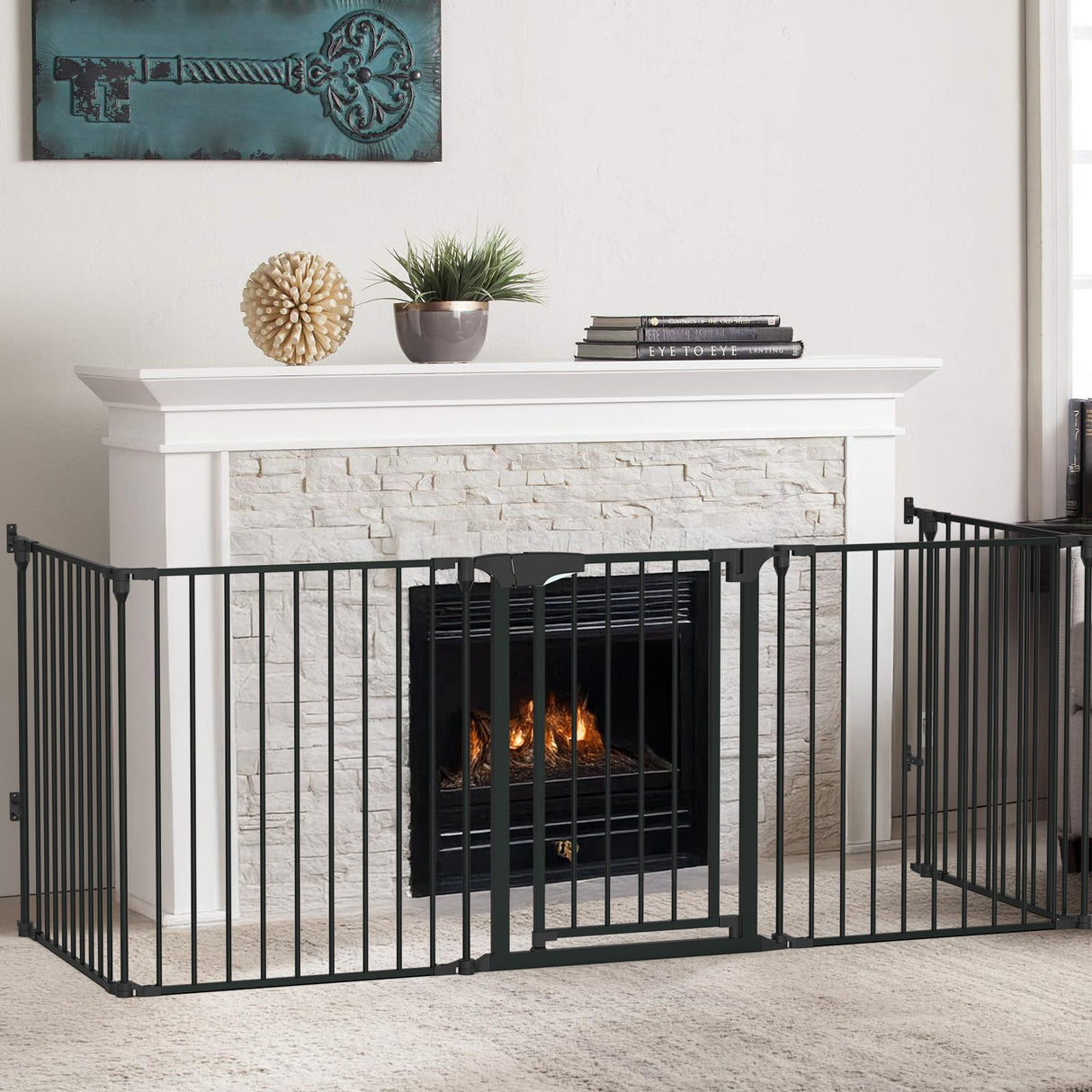 Bonnlo 120.5-Inch Metal Fireplace Fence Guard 5-Panel Baby Safety Gate/Barrier/Play Yard with Door Christmas Tree Fence Hearth Gate for Kids/Pet/Toddler/Dog/Cat, Black