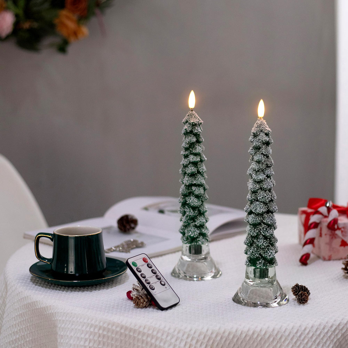 Stmarry 4 PCS Flameless Christmas Tree Candles with Remote, Snow Covered Real Wax Flameless Taper Candles 9.65 Inch, LED Candlesticks Battery Operated with 3D Flickering Flame, Christmas Candles Decor