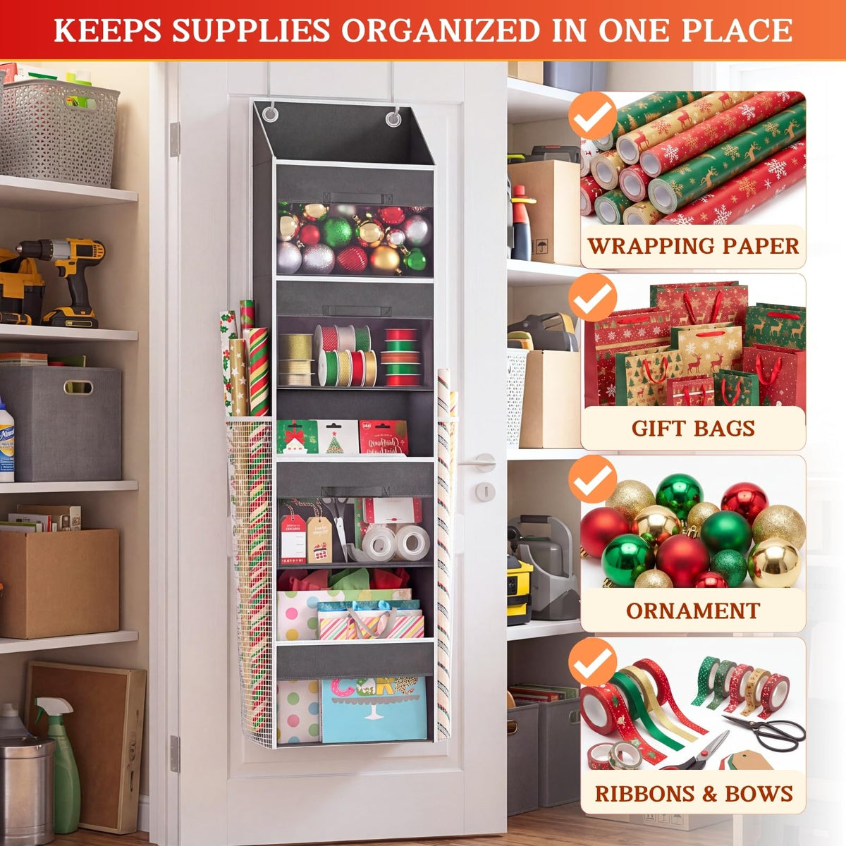 Over Door Wrapping Paper Organizer Storage with 3 Removable Drawers & Side Pockets – Dual Use Design with Elastic Straps – Christmas Gift Wrap Storage for Ribbons, Bows, Ornament and Other Tools 1Pack