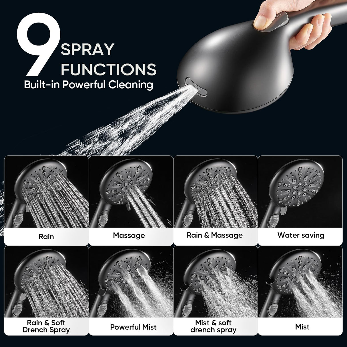Cobbe 9-Function Shower Head with Built-in Power Spray, 1.8 GPM Water Saving ON/OFF Toggle Switch, High Pressure Handheld Showerhead with 1-Click Pause Button, Brass Bracket & 6ft Hose, Black