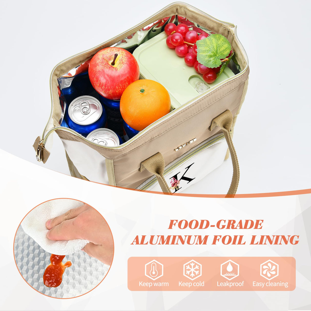 BAGNN Initial Lunch Bag Women, Cooler Insulated Lunch Box for Girls, Large Adult Leakproof Lunch Box for Picnic Work, Personalized Tote Bag, Birthday Gifts/Christmas Day Gifts, Letter M.