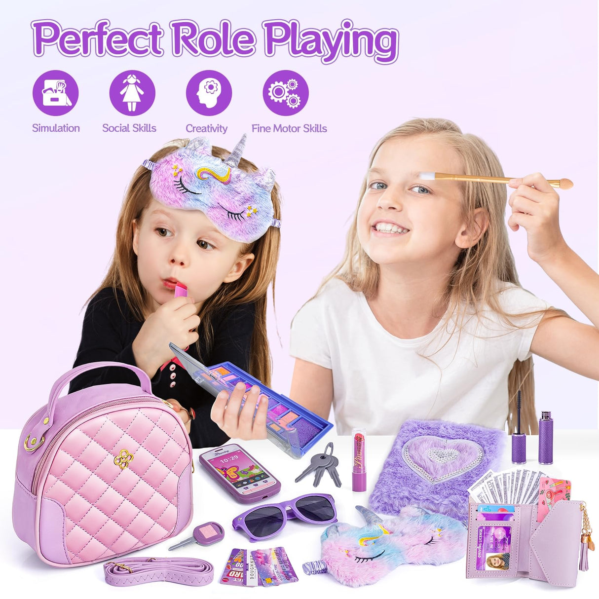 Little Girl Purse Accessories, My First Purse Set - Play Makeup Princess Plush Diary Unicorn Eye Mask Wallet Phone Pretend Credit Cards Kids Pretend Play Christmas Toy Gift for Girl Age 3+