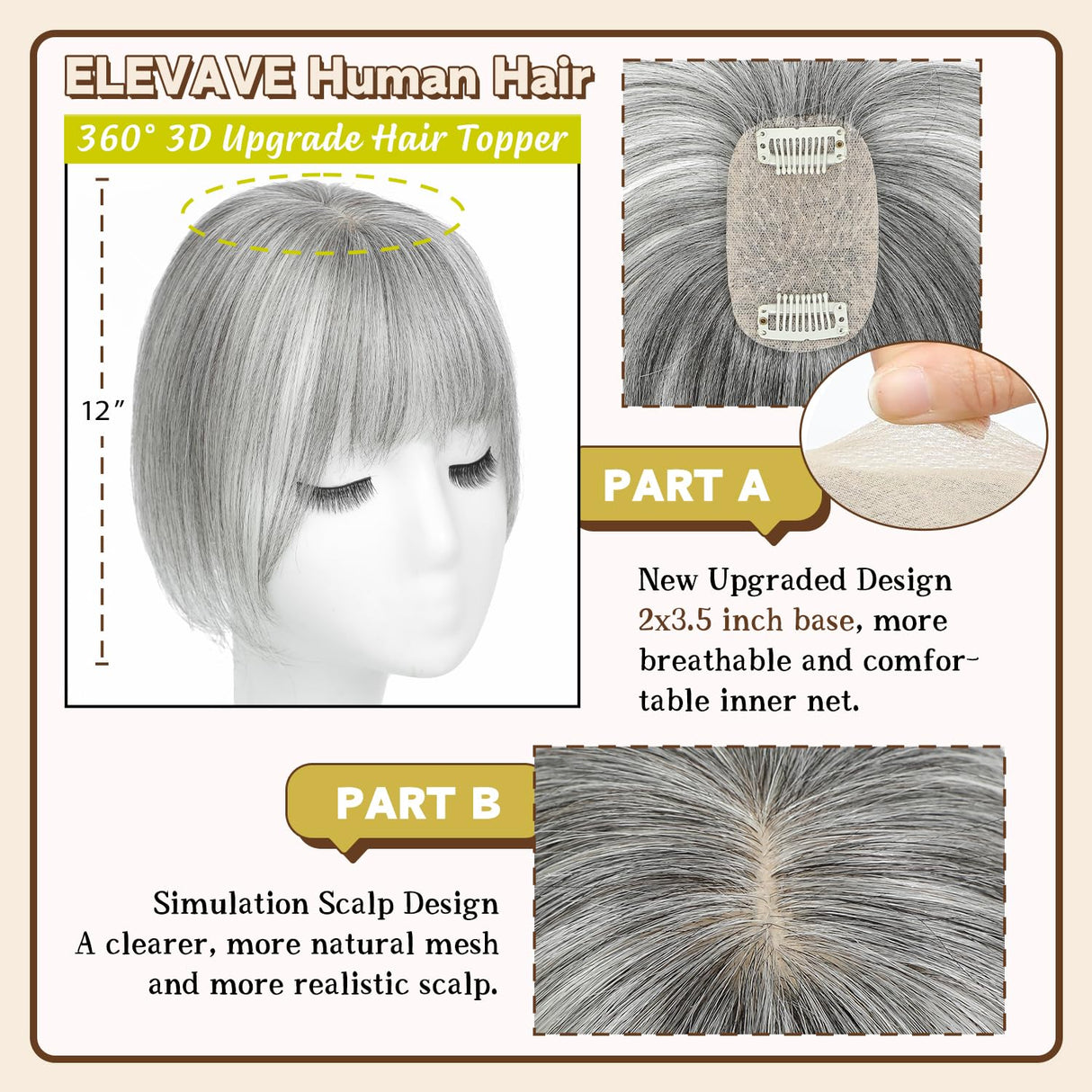 ELEVAVE Hair Toppers for Women Real Human Hair, 360° 3D Cover Wispy Bangs Hair Pieces for Women (Grey)