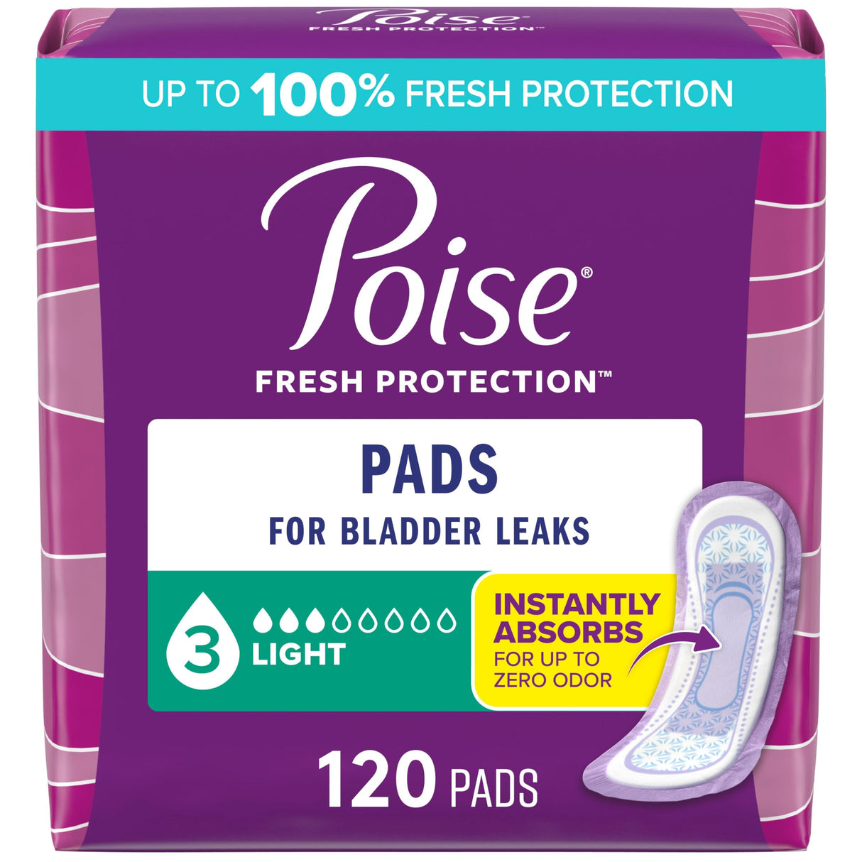 Poise Incontinence Pads & Postpartum Incontinence Pads, 3 Drop Light Absorbency, Regular Length, 120 Count (4 Packs of 30), Packaging May Vary
