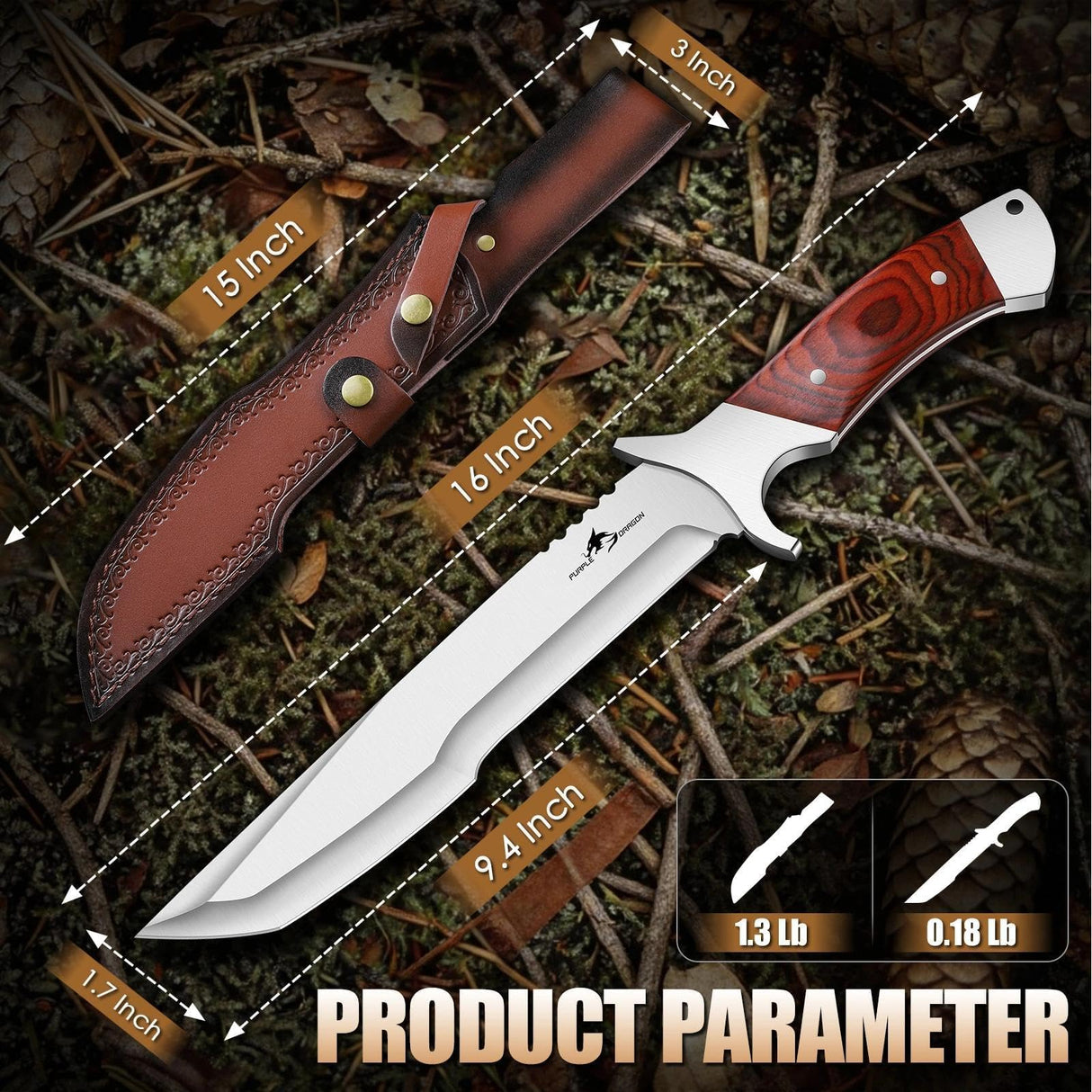 Purple Dragon Machete for Cutting Trees Heavy Duty for Bushcraft - Brown