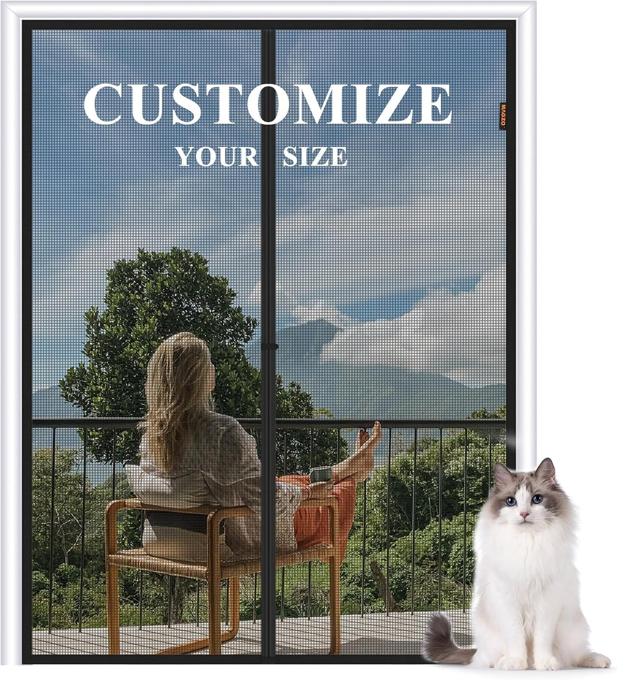 Customized Hanging Screen Door White(Max-Width: 43 inch), Scratch-Proof Polyester, Pet Friendly, Keep Annoying Creatures Out, Easy Install with Tension Rod&Hook&Loop, with Easy Walk-Through Handle