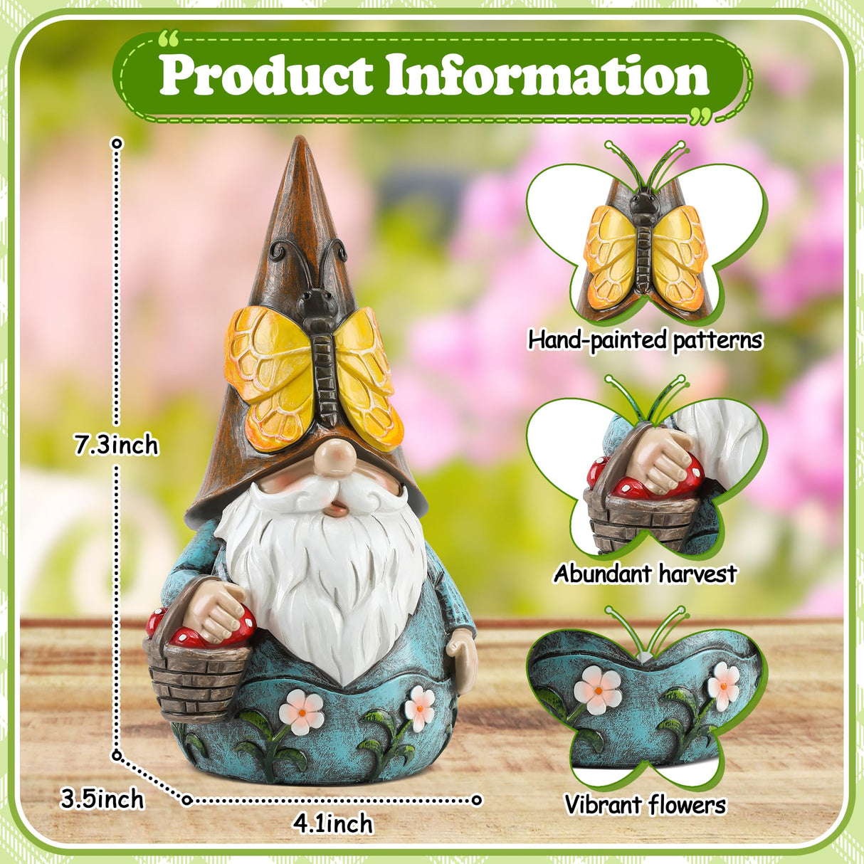 Wiresusan Outdoor Garden Gnome Statue, Butterfly Gnomes Decor Spring Butterfly Figurine, 7.3" Garden Gnomes Sculptures & Statues Outside Yard Lawn Patio Home Decoration, Nomes Gift