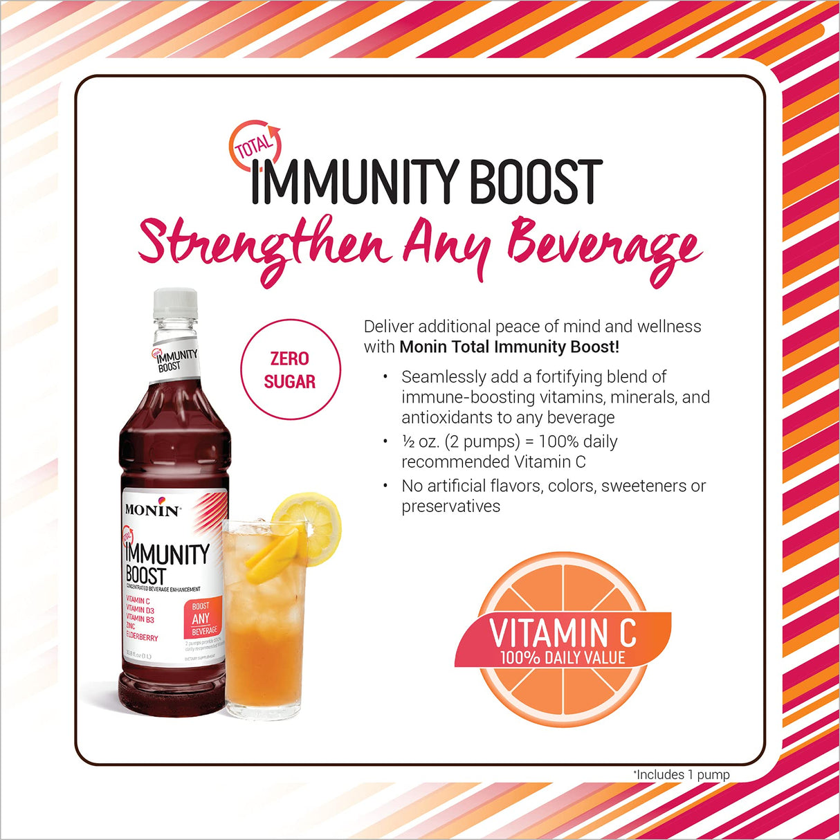 Monin - Total Immunity Boost, Immune Support Supplement, Liquid Blend of Vitamins, Minerals, & Antioxidants, Immune Boosting Vitamin C & D + Elderberry, For All Beverages, Low Calorie (1 Liter + Pump)