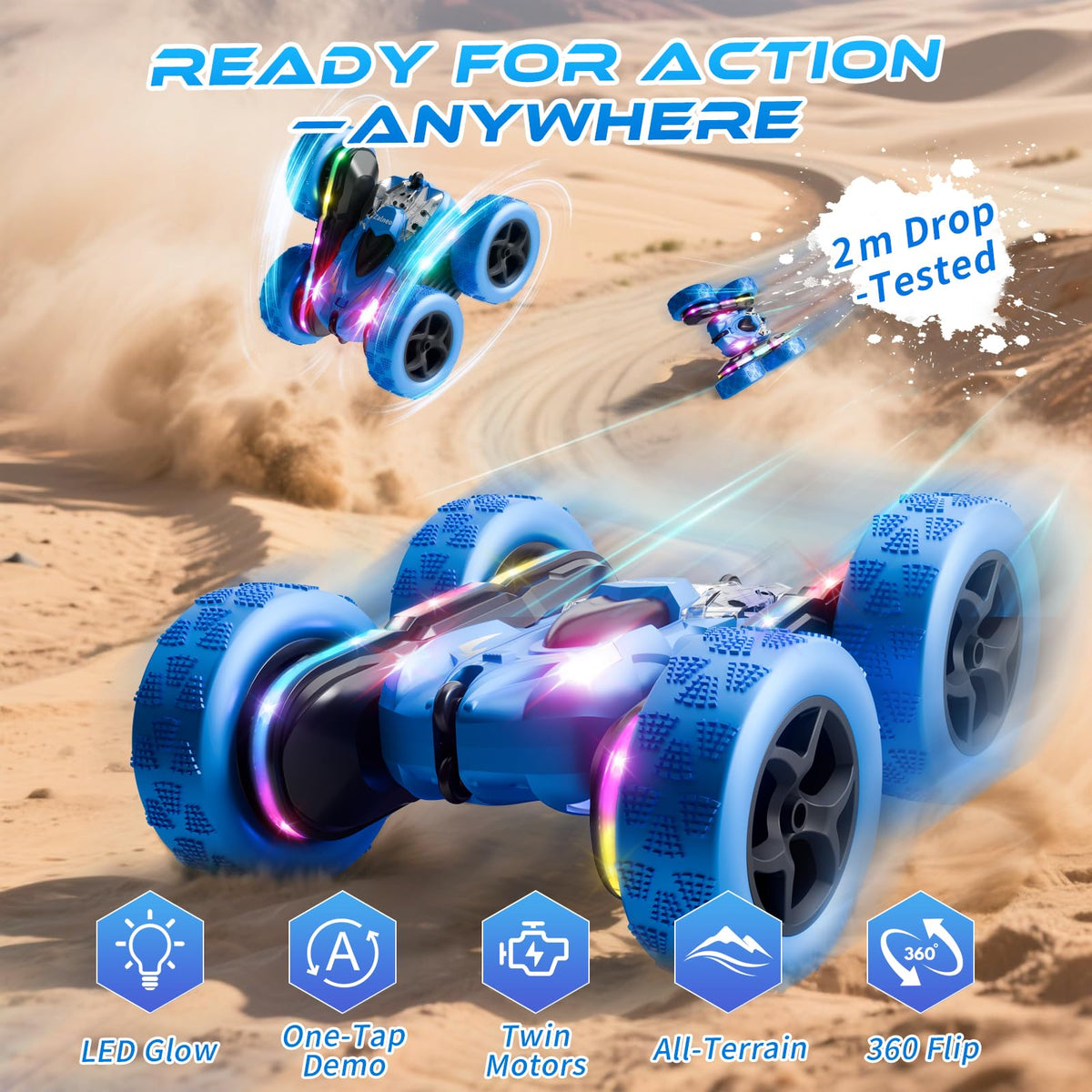 Zalneo Remote Control Stunt Car 4WD 360° Flip Double‑Sided RC Cars, LED Light Bar, USB‑C Modular Battery, 2.4 GHz Outdoor Beach Toy for Boys 6‑12 Years Old, Birthday & Christmas Kids Gift, Blue