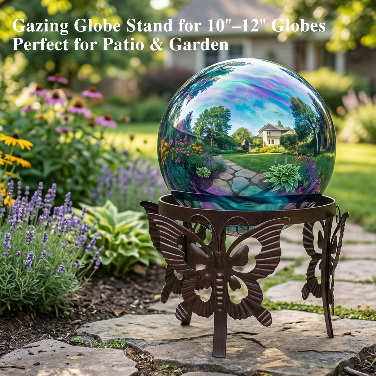 Topadorn Gazing Ball Stand for 10 Inch or 12 Inch Globes, Metal Garden Globe Stand with Butterfly Design, Outdoor Weather Resistant Decorative Holder for Yard Patio Lawn