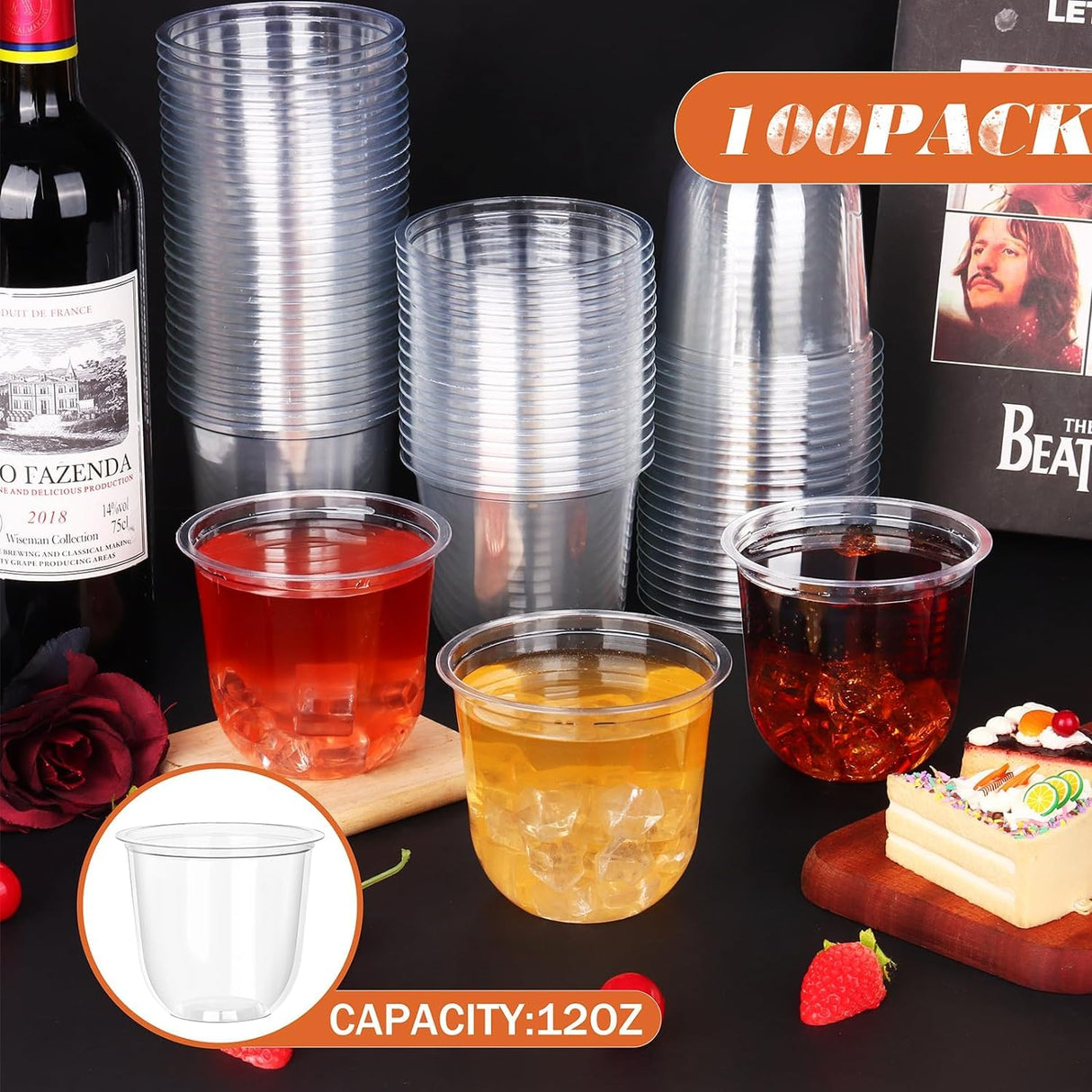 KesaPlan 100 Pcs Disposable Stemless Glasses 12oz Crystal Plastic Wine Glasses Clear Classic Cup for Meeting Weddings Birthdays Cocktail Christmas Party Supplies