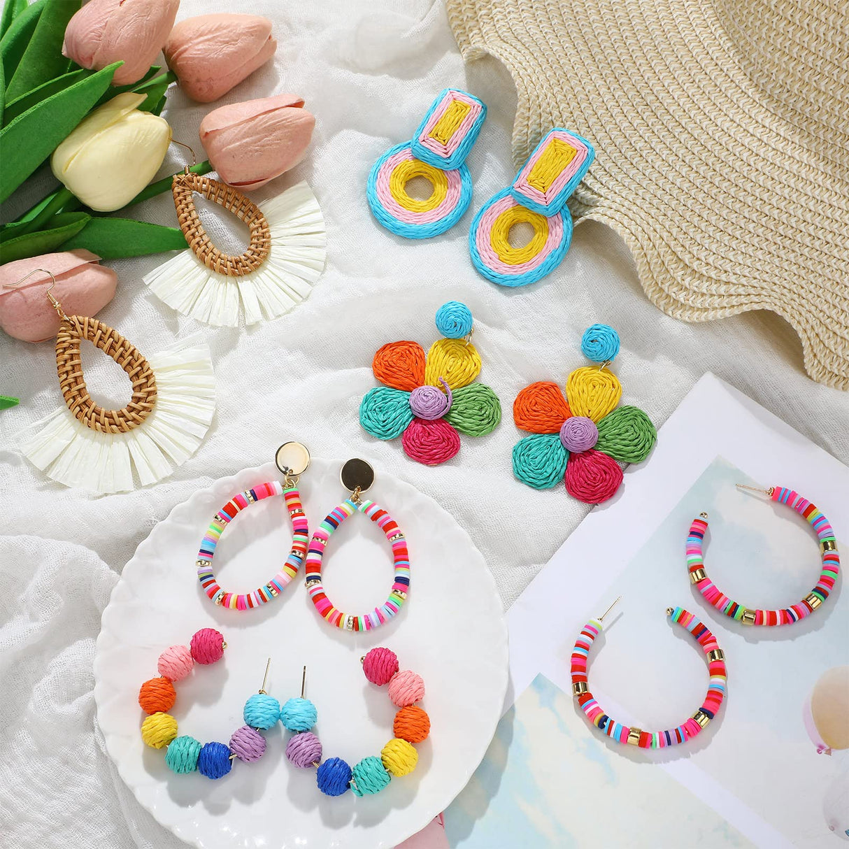 Kigeli 6 Pair Beach Raffia Earrings Summer Statement Rattan Earrings Heishi Drop Hoop for Women Colorful Beaded Tassel Dangle Boho Earring Handmade Jewelry Teacher Gift(Rainbow Color)
