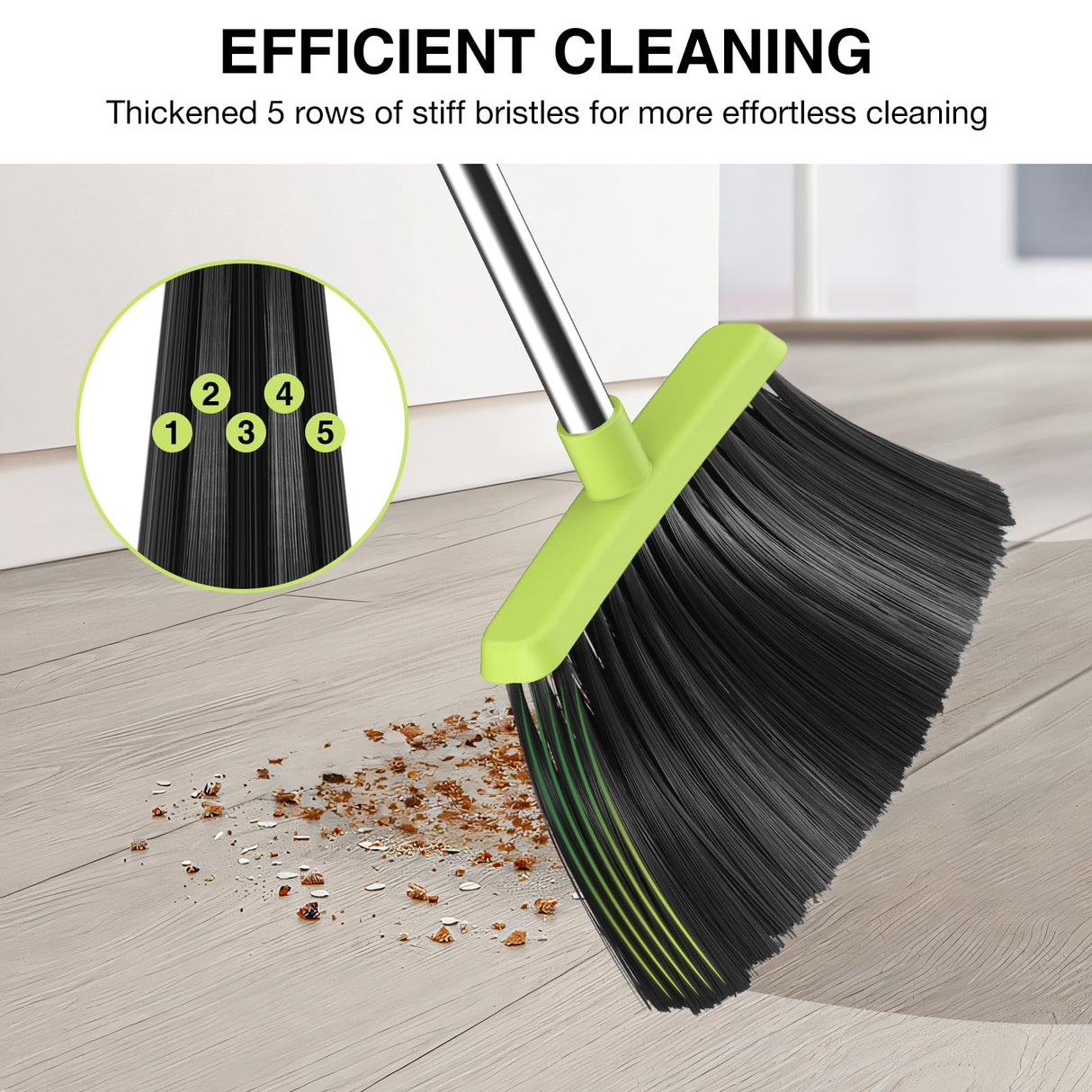 Broom and Dustpan Set, 52-in Long Adjustable Handle Broom Dustpan Combo with Dust pan Teeth to Automatically Clean Hair Suitable for Home Kitchen Office Hall Floor(Green)