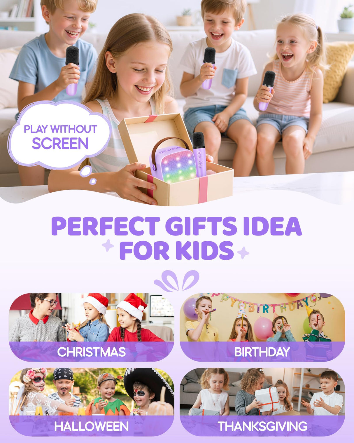 YLL Upgraded Mini Karaoke Machine with 4 Wireless Microphones Toy for Kids, Christmas Birthday Gifts for Girls Boys, Portable Party Bluetooth Speaker for 3, 4, 5, 6, 7, 8, 9, 10+ Year Old (Purple)