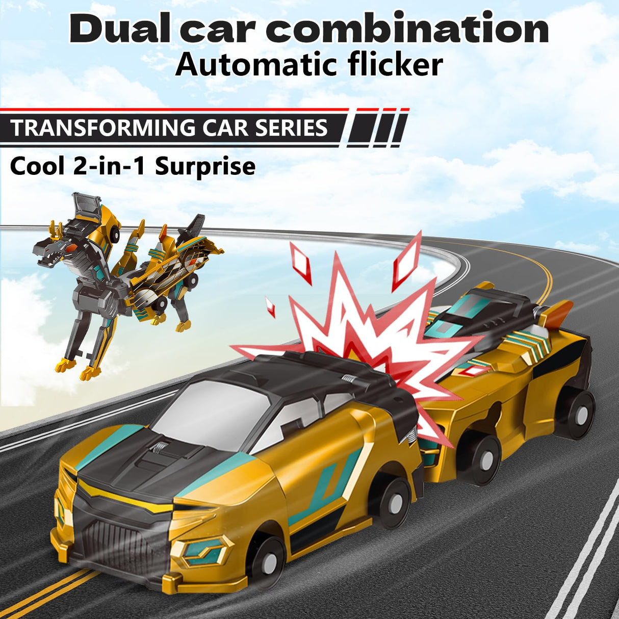 Intoypad Collision Transforming Dinosaur Car Toy, 2 Magnetic Cars Transform into Dinosaur Toys for Kids Toddler Fun Deformation Robot Dino Car Christmas Birthday Gift Toys for Boys Girl(Golden Dragon)