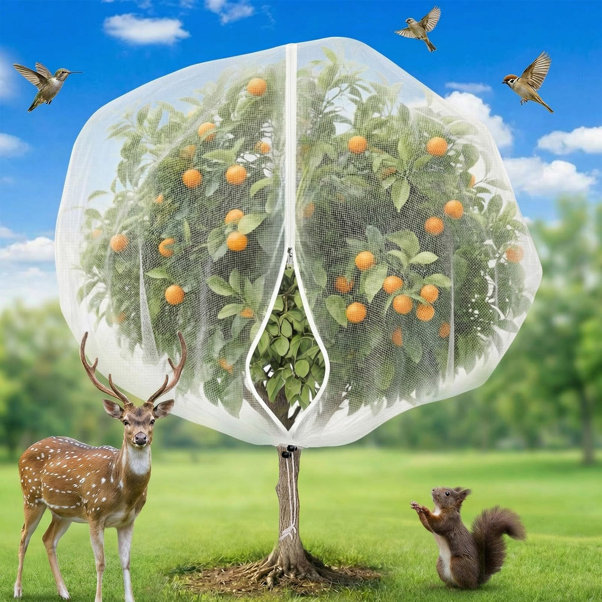 KEOHOLI 15FTx15FT Extra Large Fruit Tree Netting Reusable Durable Mesh Cover with Zipper and Drawstring for Fruit Tree Protection Cover from Birds Cicadas Squirrels and Insects