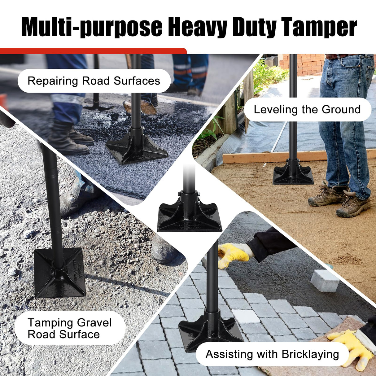 Steel Tamper Tool, Heavy Duty Garden Ground Steel Tamper Tool Kit Long Handle 58 Inch, 8x8” Square Dirt Hand Tamper Landscaping Garden Tools for Leaving Soil, Sand, Gravel, Asphalt, Driveway