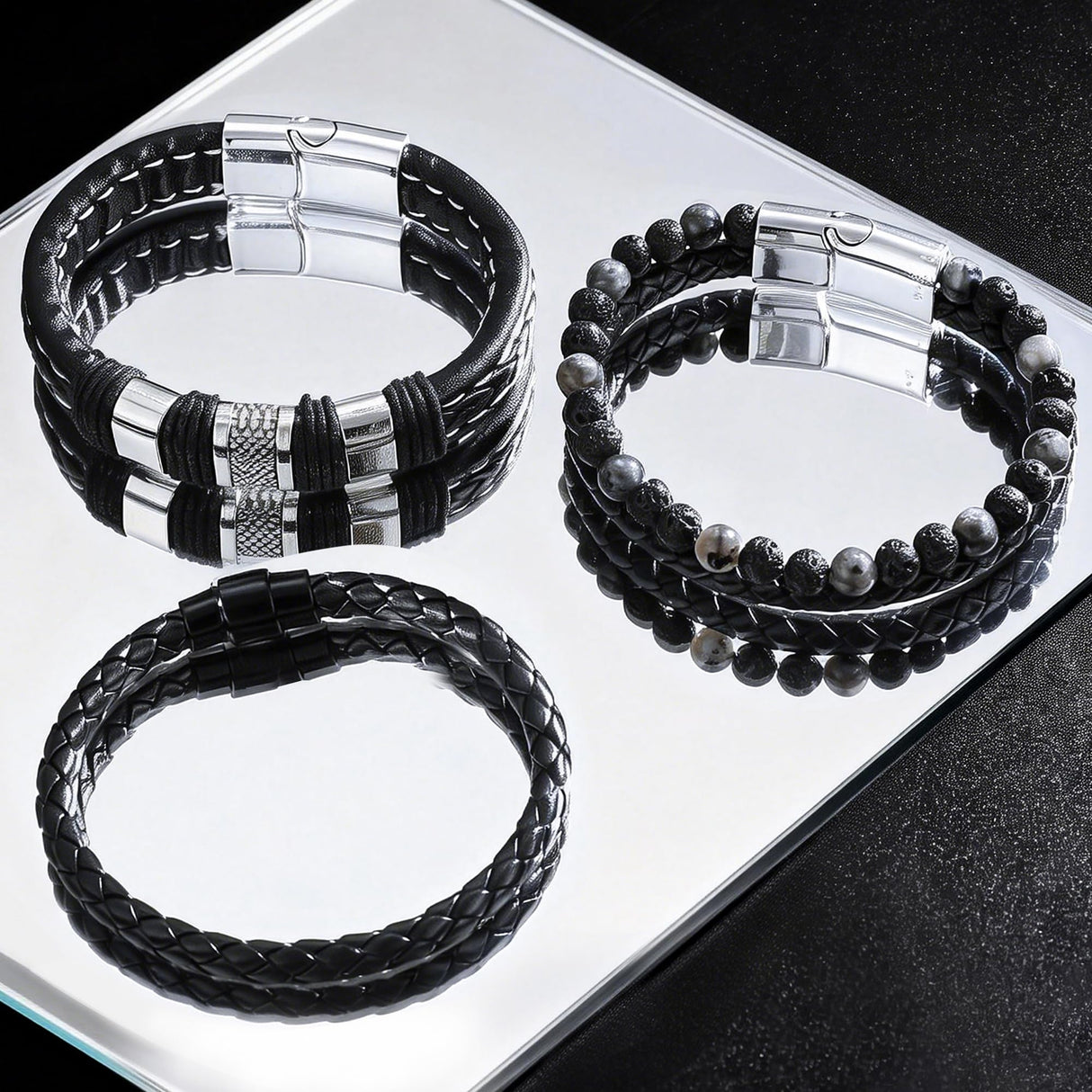 Tiwindx 6 Pcs Leather Bracelet for Men Black Braided Steel Cuff Layered Bracelets Men's Braided Bracelet Set