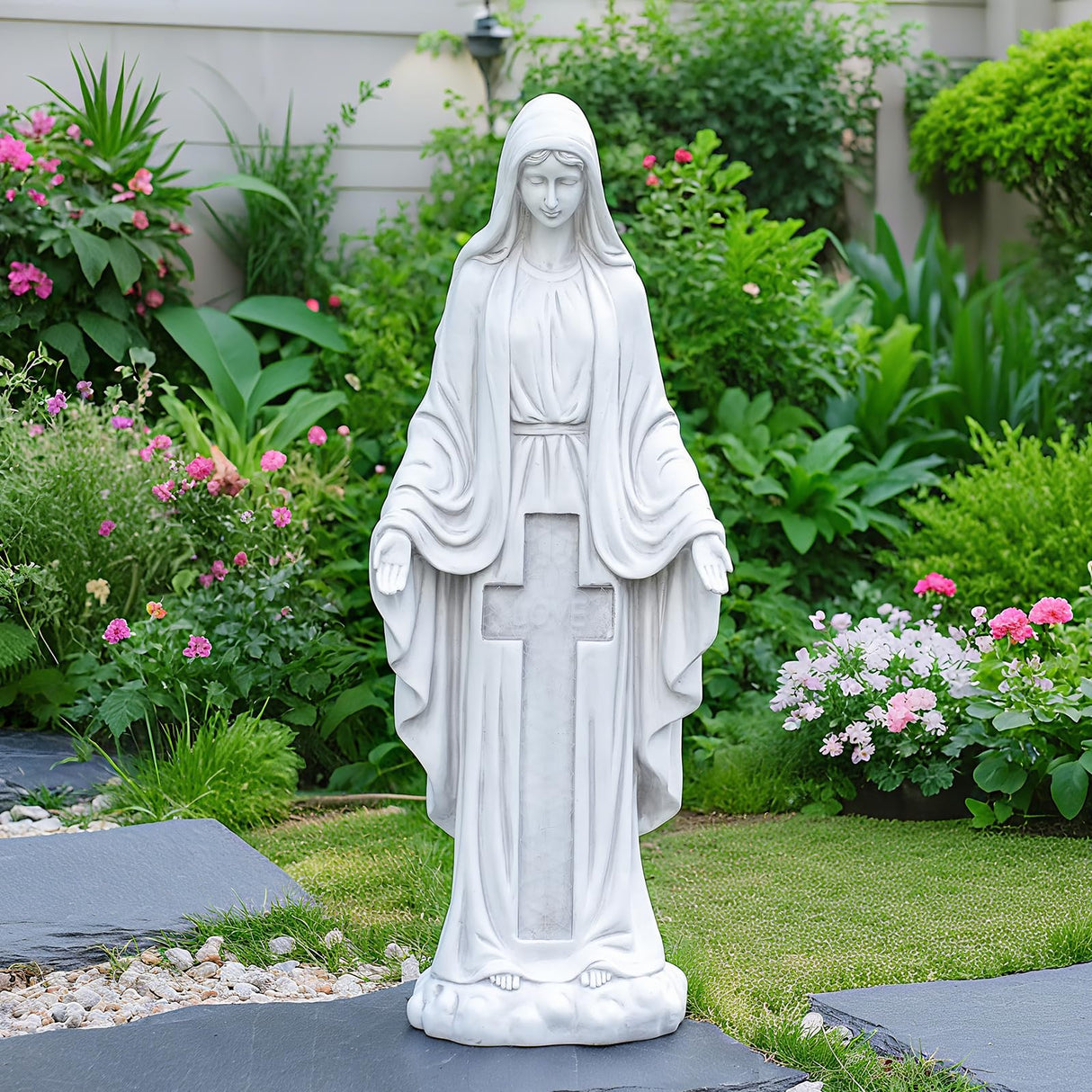 VChymm Solar Virgin Mary Praying Statue 27.9 Inch- Outdoor Religious Garden Decor with LED Lights, Weather-Resistant Magnesium Oxide Sculpture for Yard, Patio, Entryway (White Solar Virgin Mary)