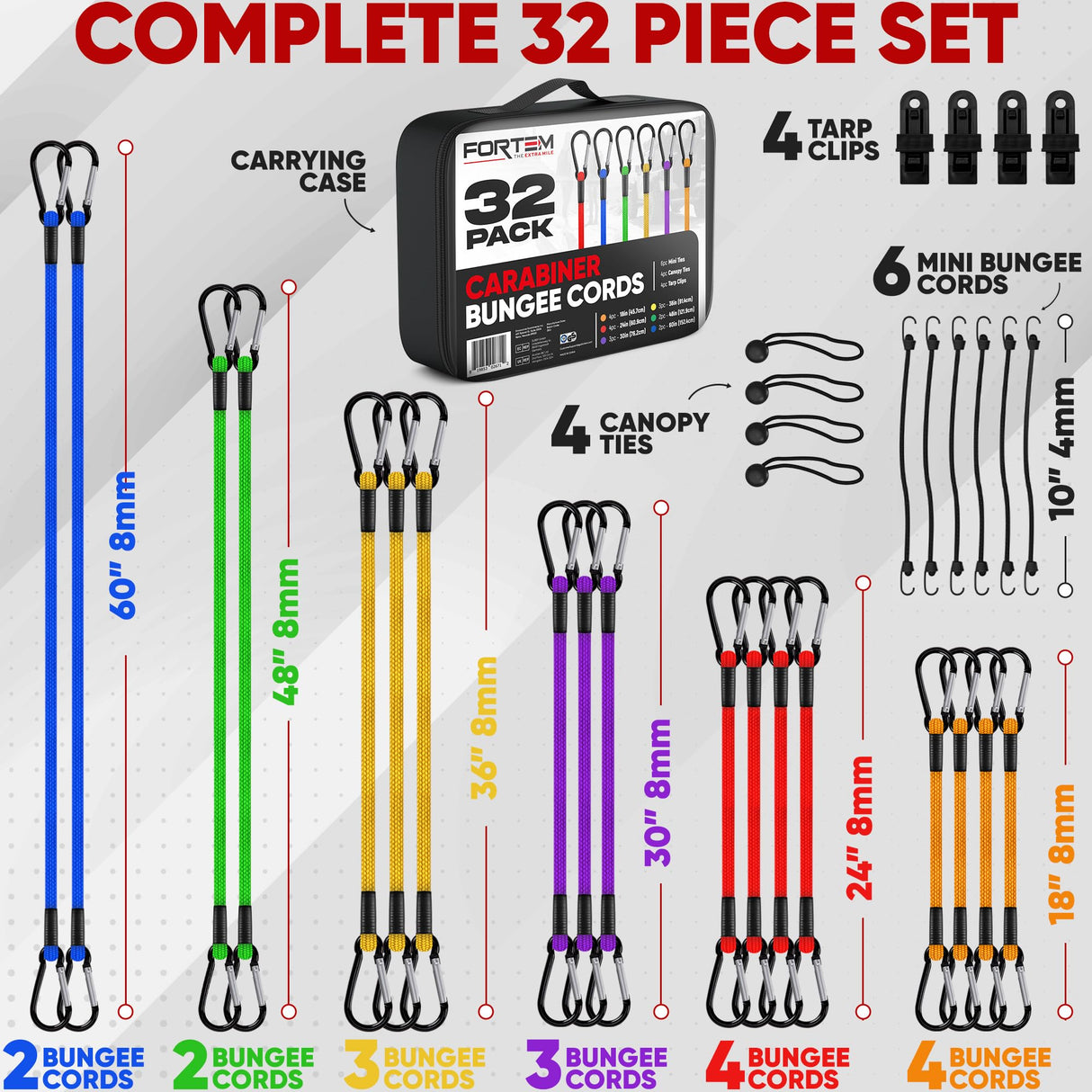 FORTEM Bungee Cords with Hooks, Bungie Cords Multi Pack, Canopy Ties, Ball Bungees, Plastic Coated Metal Hooks (Pack of 24)