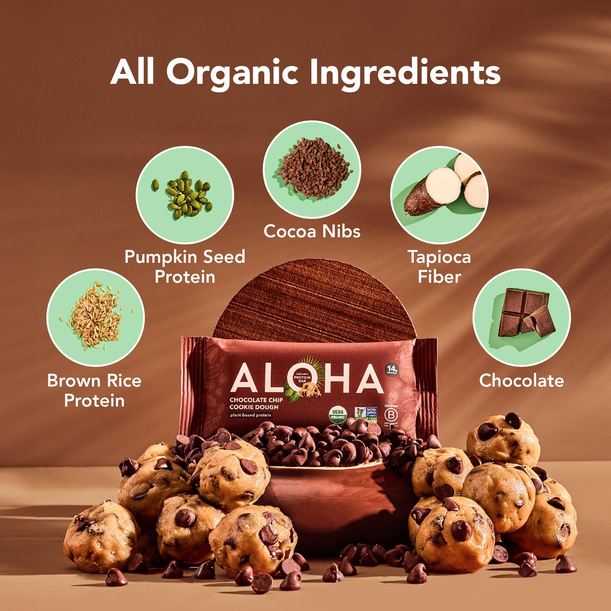 Aloha Organic Plant Based Protein Bars Chocolate Chip Cookie Dough, 1.98 Oz,(Pack of 12)