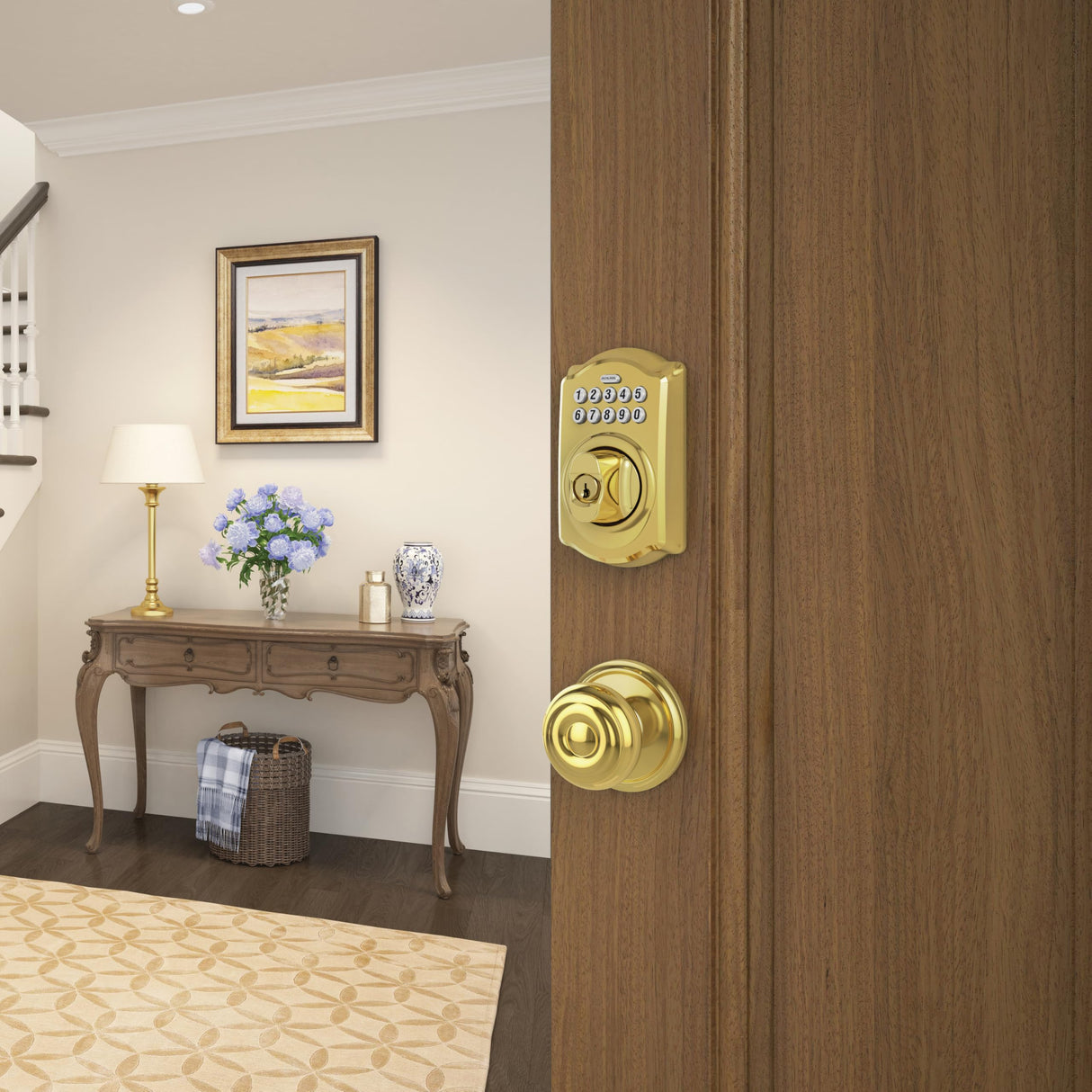 Schlage Camelot Electronic Keypad Deadbolt Lock, Keyless Front Door Entry, Mechanical Key Backup Included, Bright Brass, BE365 CAM 505