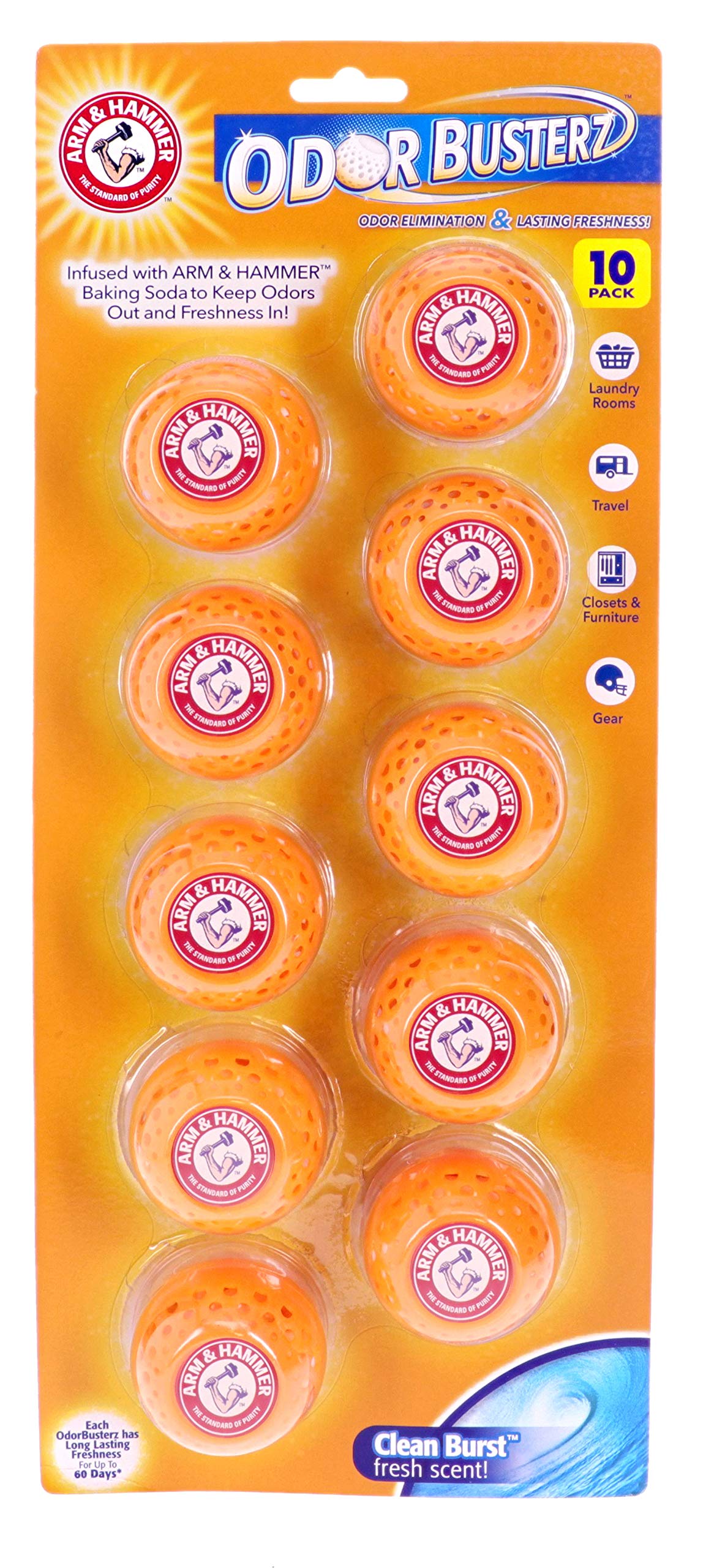 Arm & Hammer OdorBusterz® Odor Eliminator Balls, Clean Burst, 10 Count – Baking Soda Odor Control for Closets, Drawers, Hampers & Small Spaces