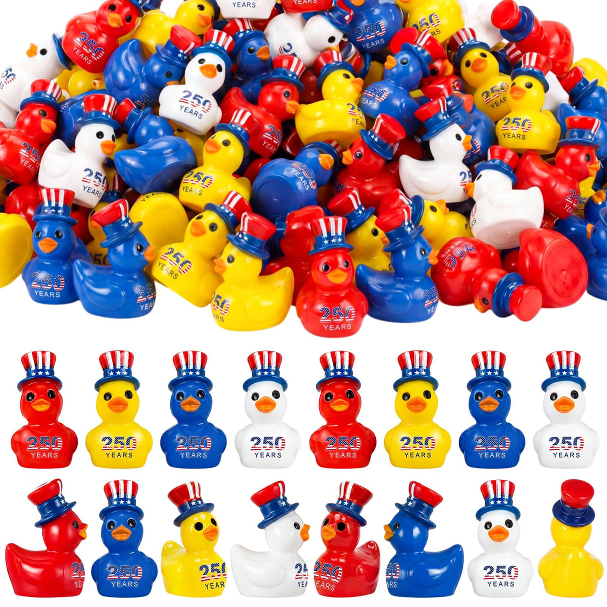 Skylety 36 Pcs Patriotic Mini Ducks 4th of July Independence Day Party Decor 250th Anniversary Red White Blue Ducks with Glue Points Garden Potted Miniature Cake Decoration Craft Patriotic Collectors