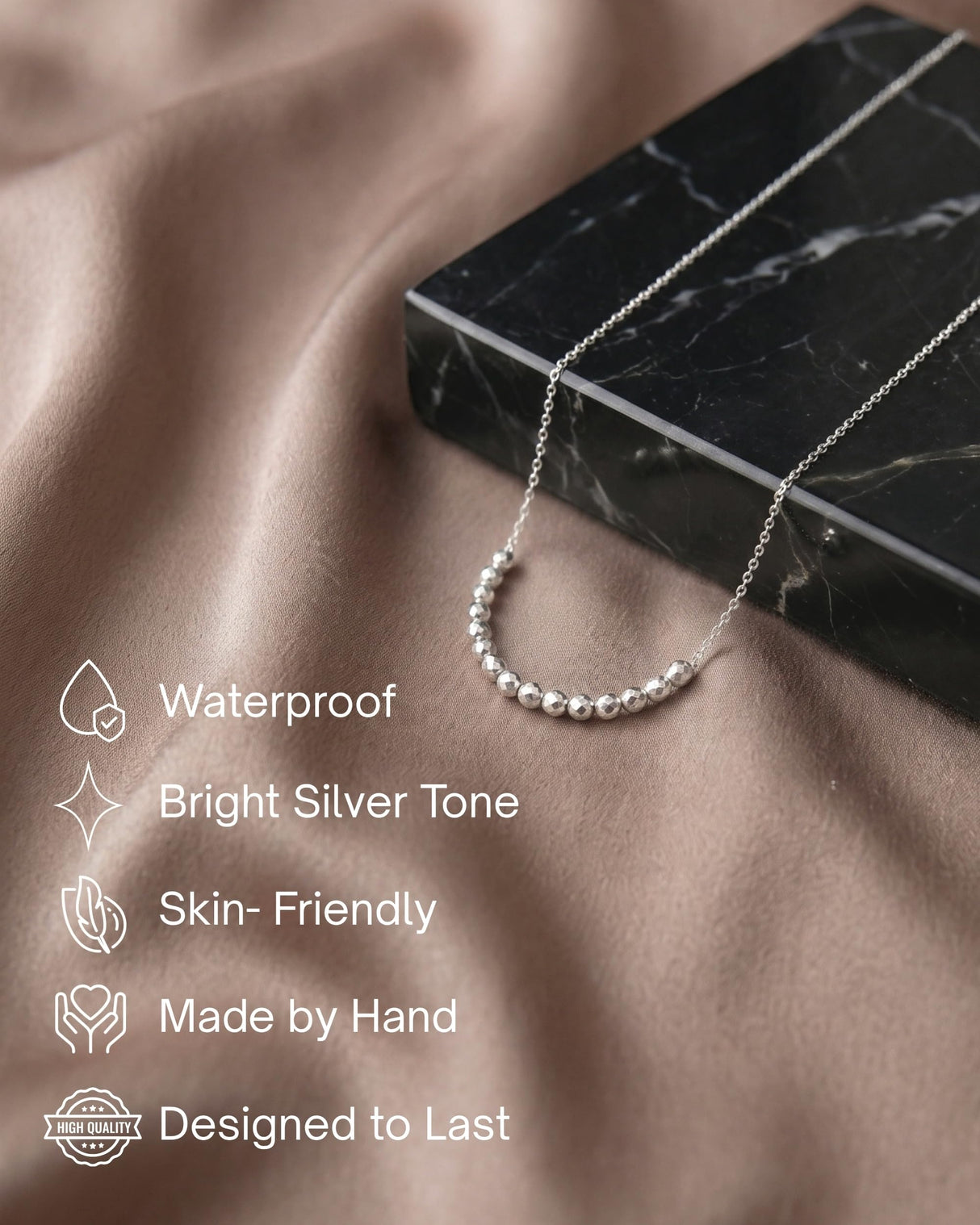 Annika Bella Silver Beaded Necklace for Women, Dainty 16 Faceted Beads Bar Pendant, Waterproof Tarnish Resistant Jewelry, 15" + 2" Extender, Gift for Her