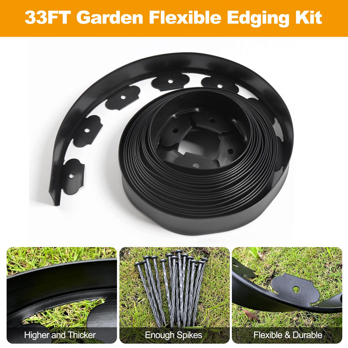 4 inch Tall Landscape Edging No Dig 33FT Garden Edging with 30 Spikes, Landscape Edging Border for Landscaping, Lawn, Flower Beds, Grass, Yard