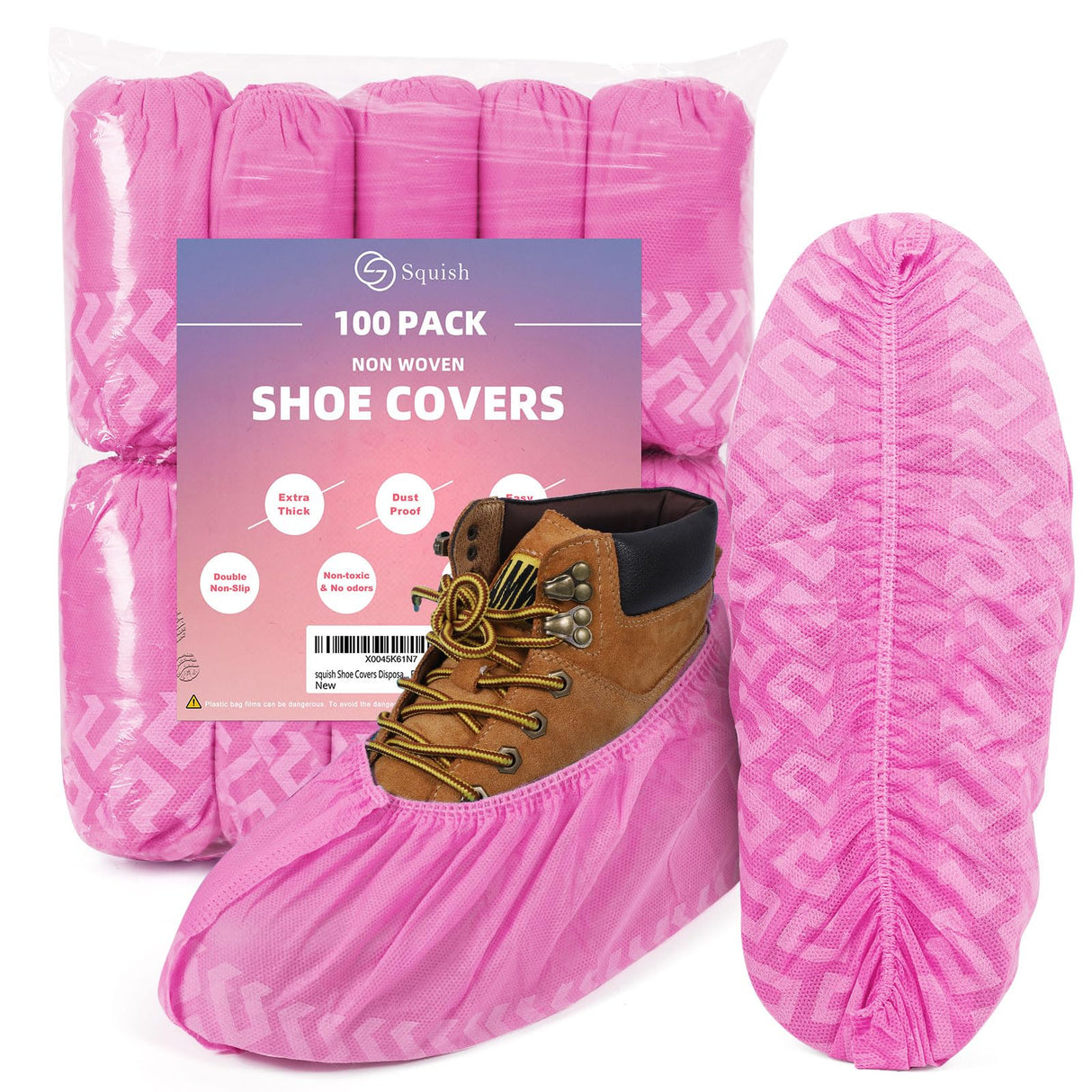 squish Shoe Covers Disposable Non Slip, 100 Pack(50 pairs) Pink Thick Extra Disposable Boot Covers Slip Proof Shoe Cover for Indoors Outdoors Durable Protector Covers Fits Virtually Most Shoes