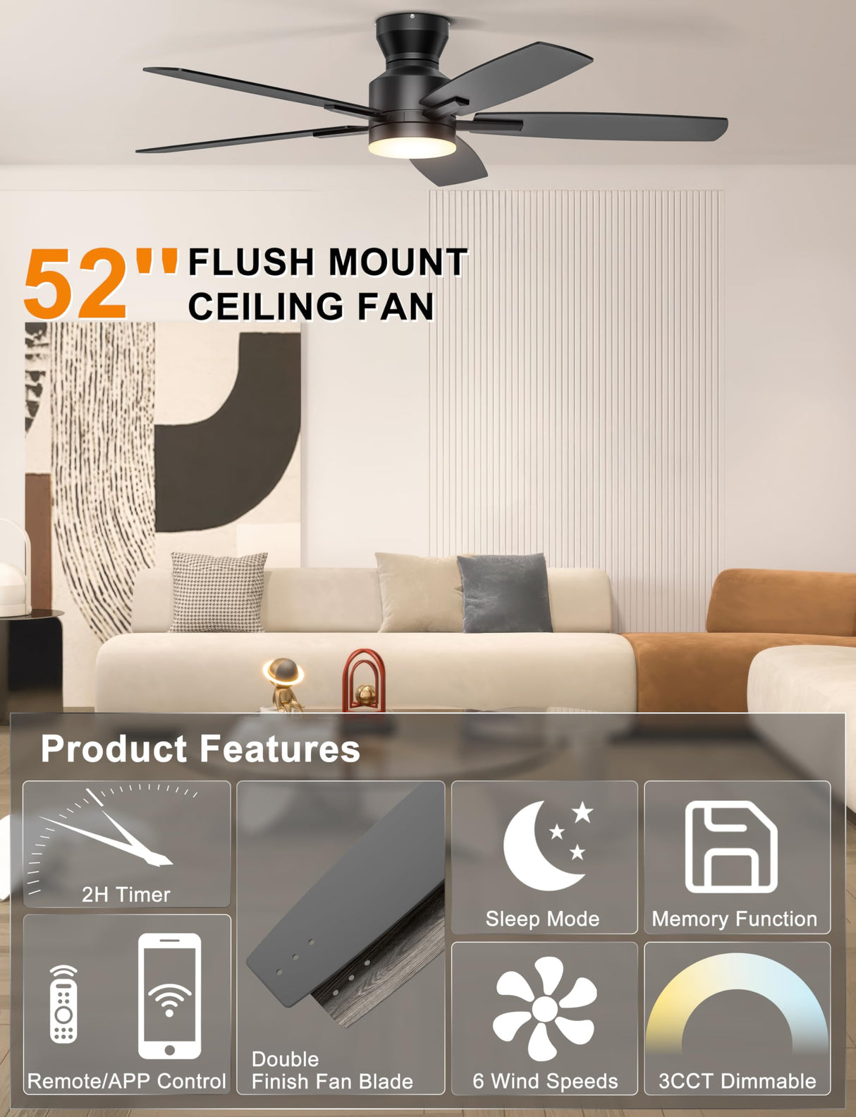 Ohniyou Ceiling Fans with Lights, 52'' Low Profile Ceiling Fan with Light and Remote/APP Control, Modern Flush Mount Ceiling Fan for Indoor Bedroom Living Room, Dimmable, Quiet DC Motor, Black