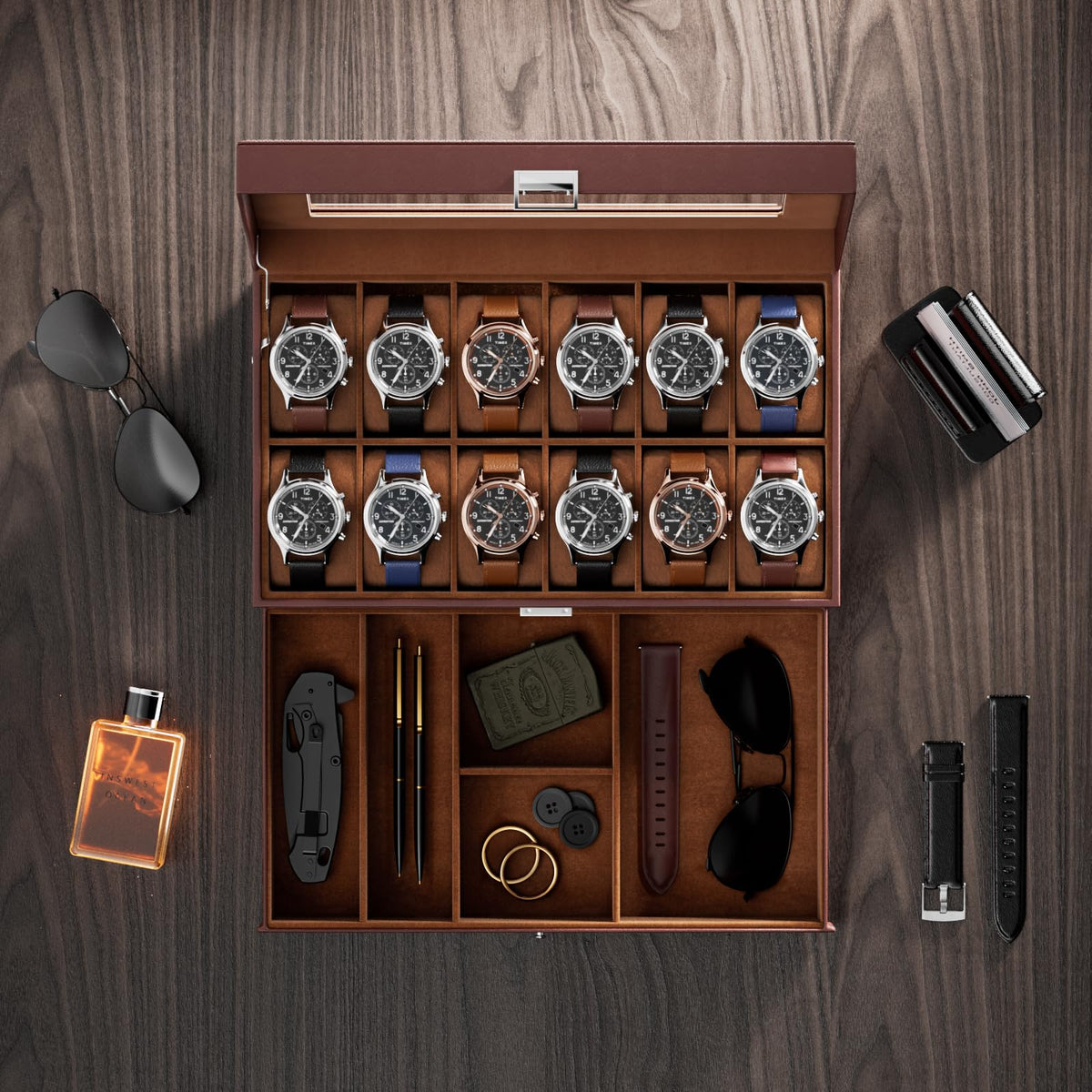 ProCase Watch Box, 12 Slot Watch Case for Men with Drawer, Espresso