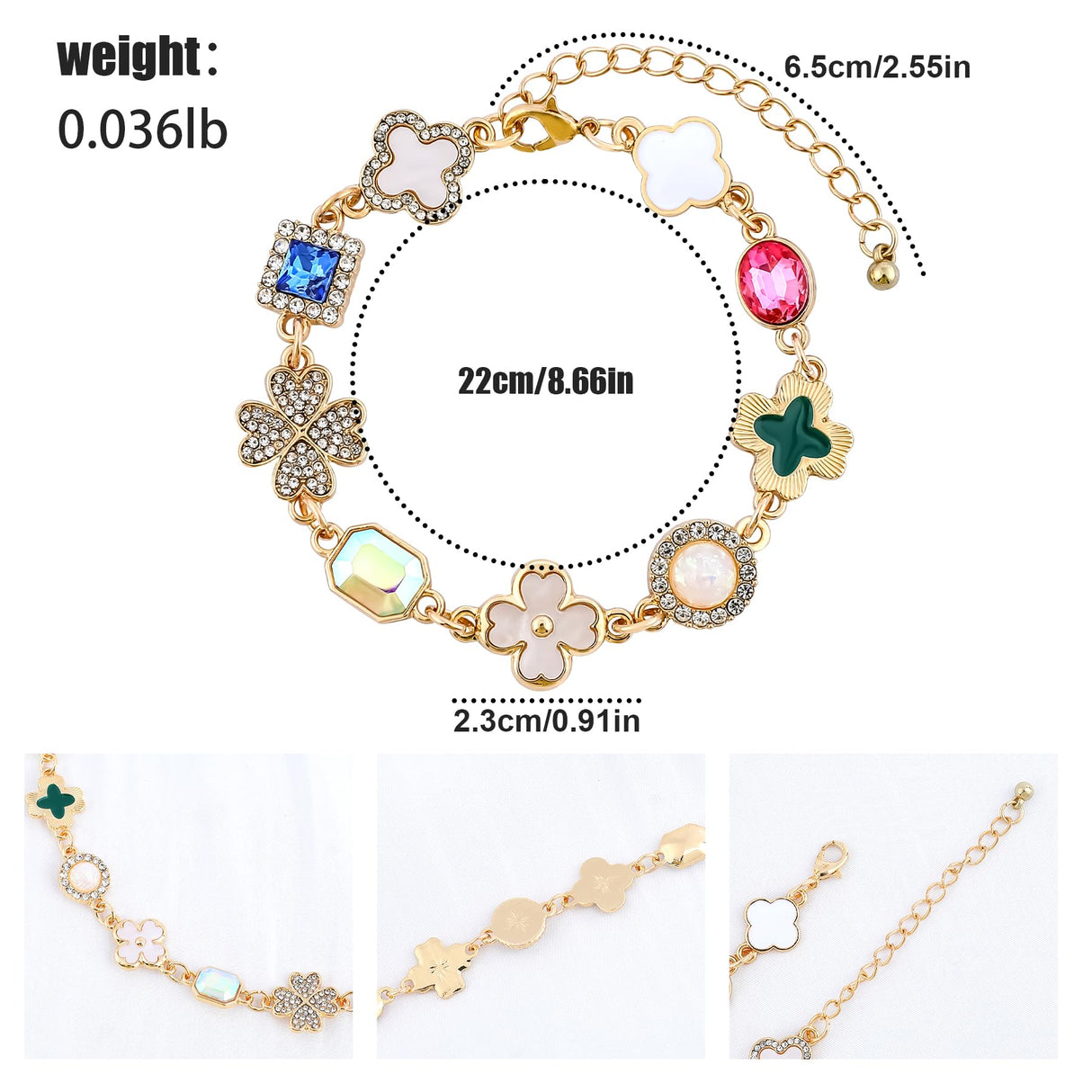 Gold Clover Charm Link Bracelet for Women Cute Colorful Geometric Diamond Mother of Pearl Lucky Four Leaf Clover Bracelet Enamel Crystal Rhinestone Statement Bracelet Adjustable Party Jewelry Gift